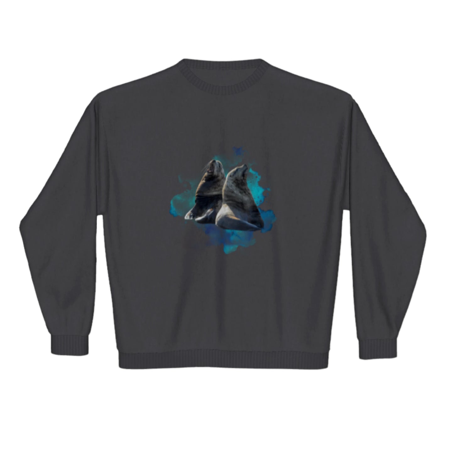 Sea Lions Premium Crewneck Sweatshirt. The image is of two sea lions with a colourful blue abstract background.