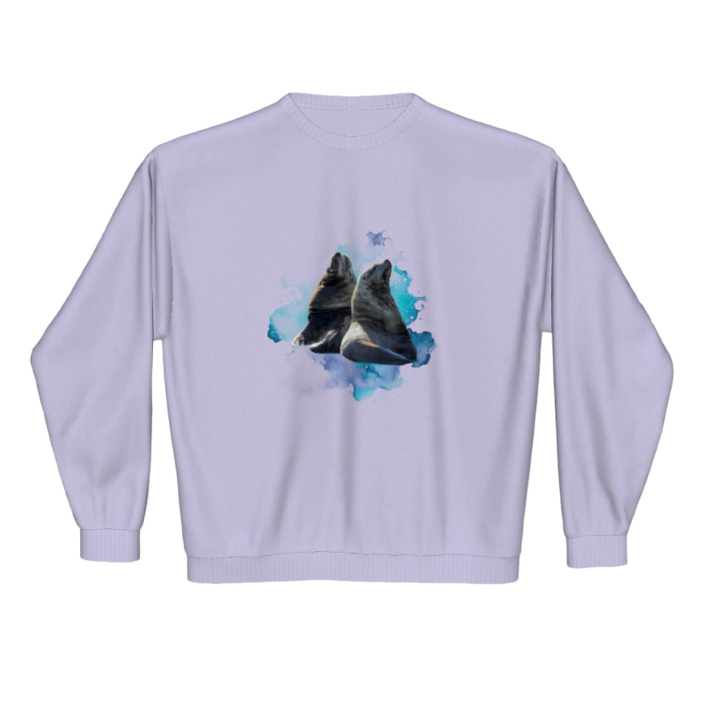 Sea Lions Premium Crewneck Sweatshirt. The image is of two sea lions with a colourful blue abstract background.