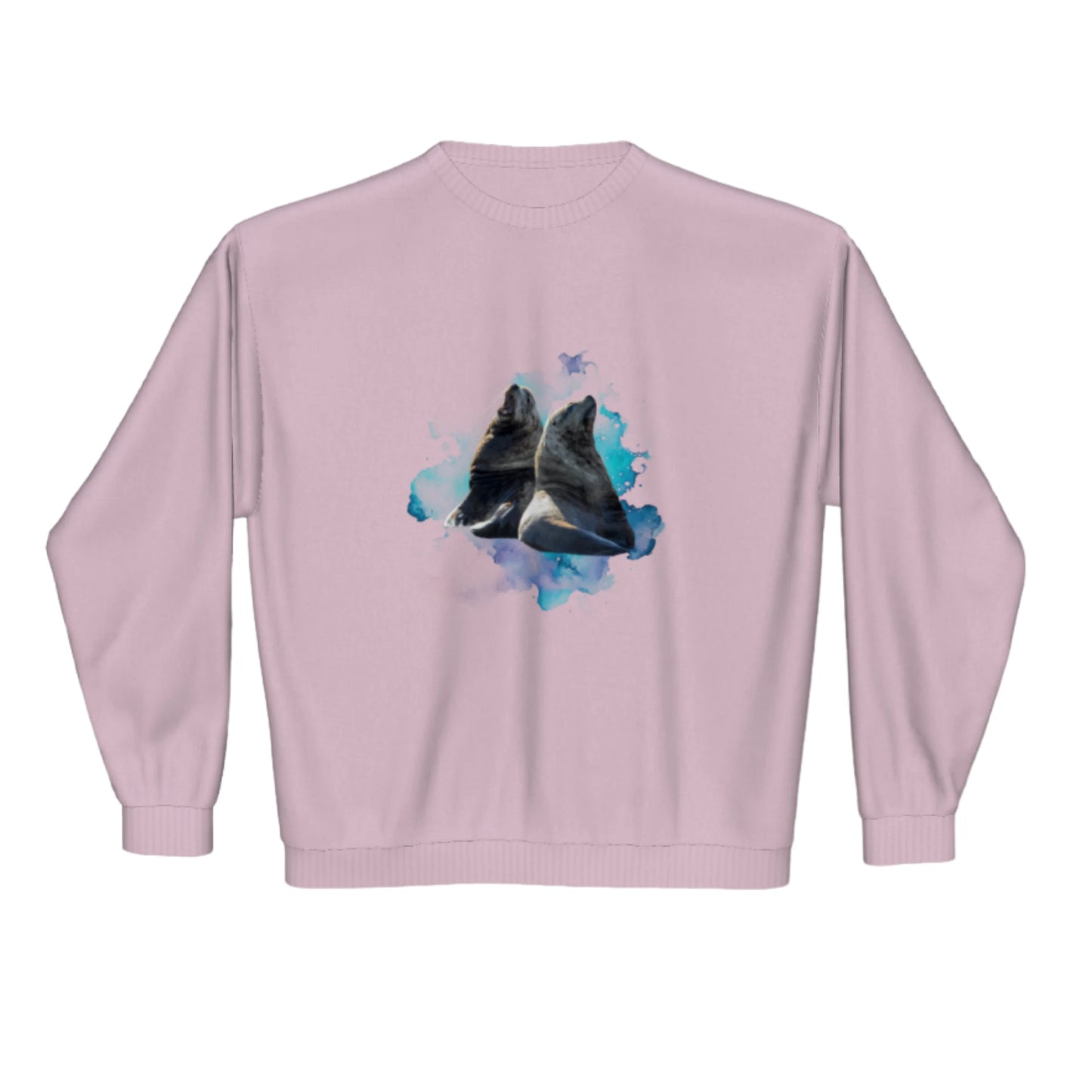Sea Lions Premium Crewneck Sweatshirt. The image is of two sea lions with a colourful blue abstract background.