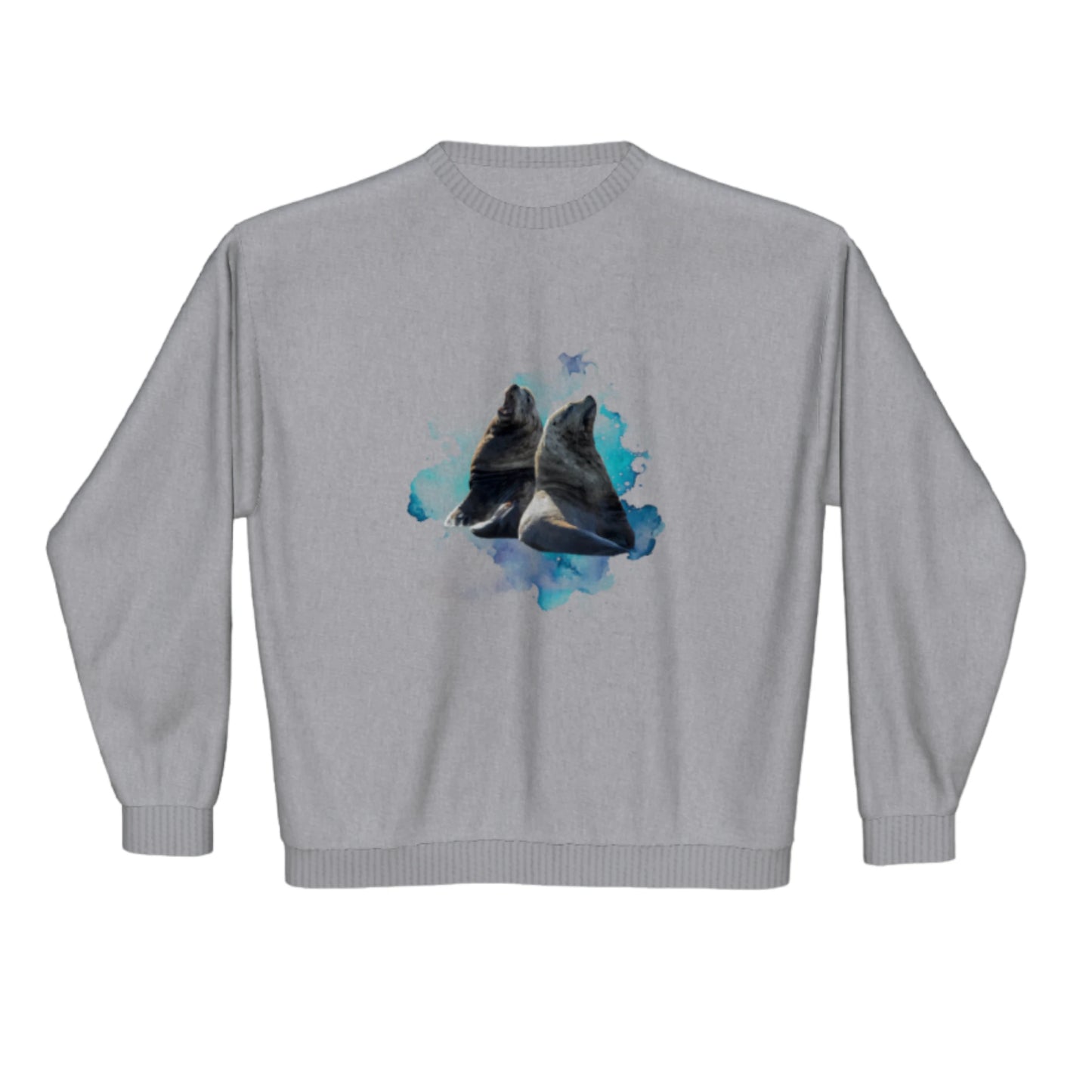 Sea Lions Premium Crewneck Sweatshirt. The image is of two sea lions with a colourful blue abstract background.