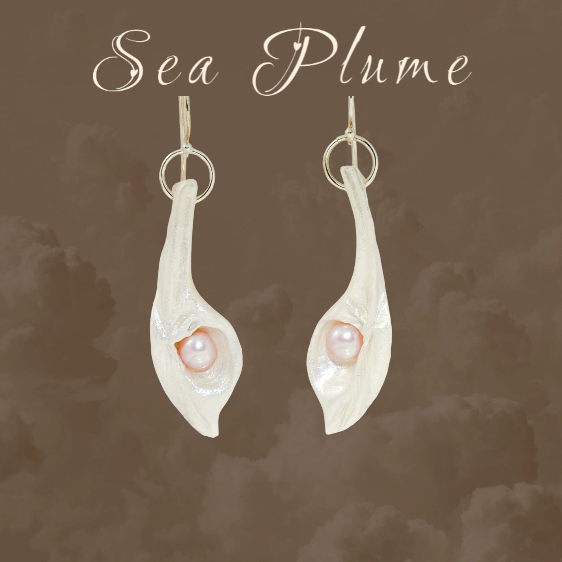 Sea Plume natural seashell earrings with real pink freshwater pearls. The words at the top say Sea Plume