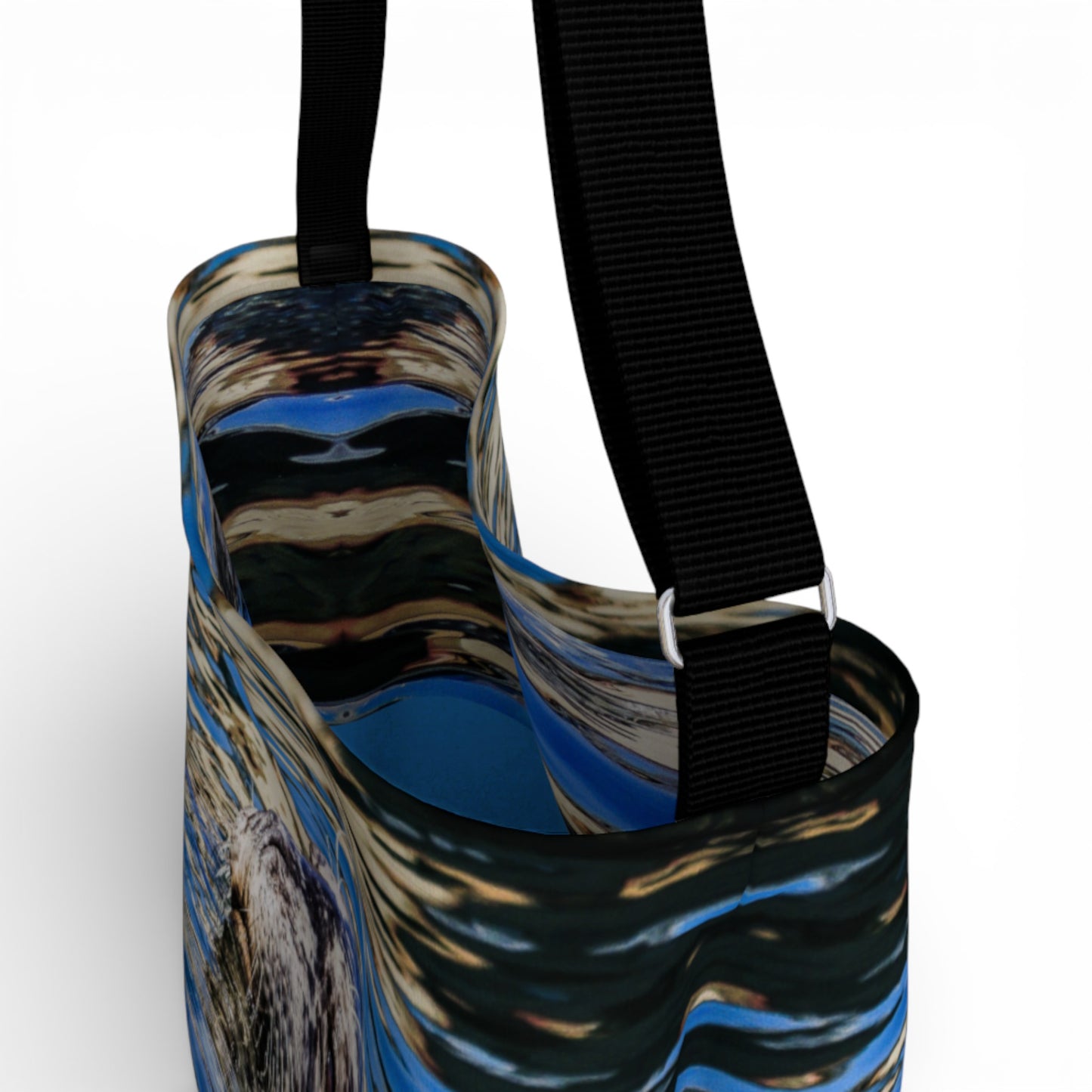 Tote bag with a colorful abstract pattern on a white background