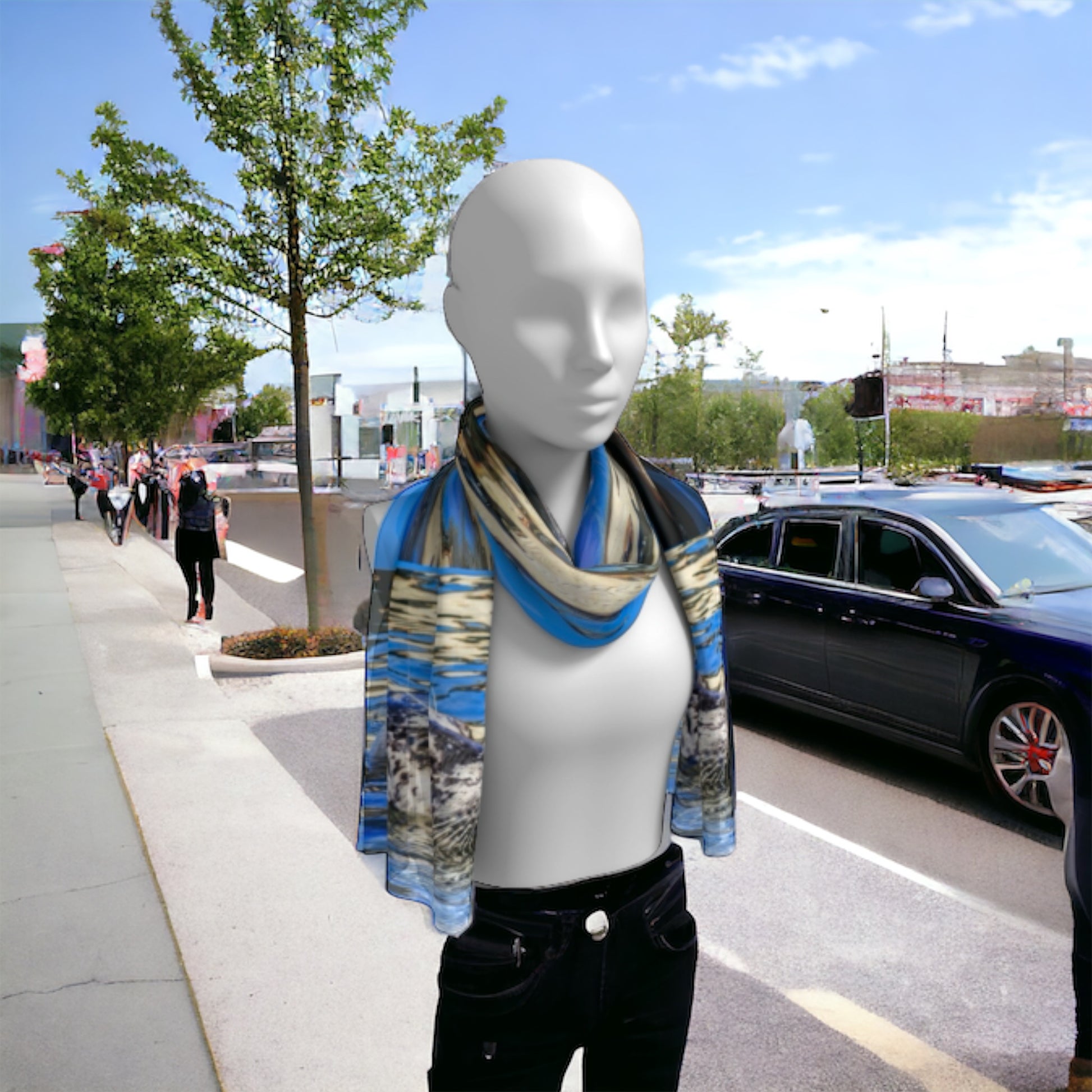 seal of blue long scarf is shown worn around the neck