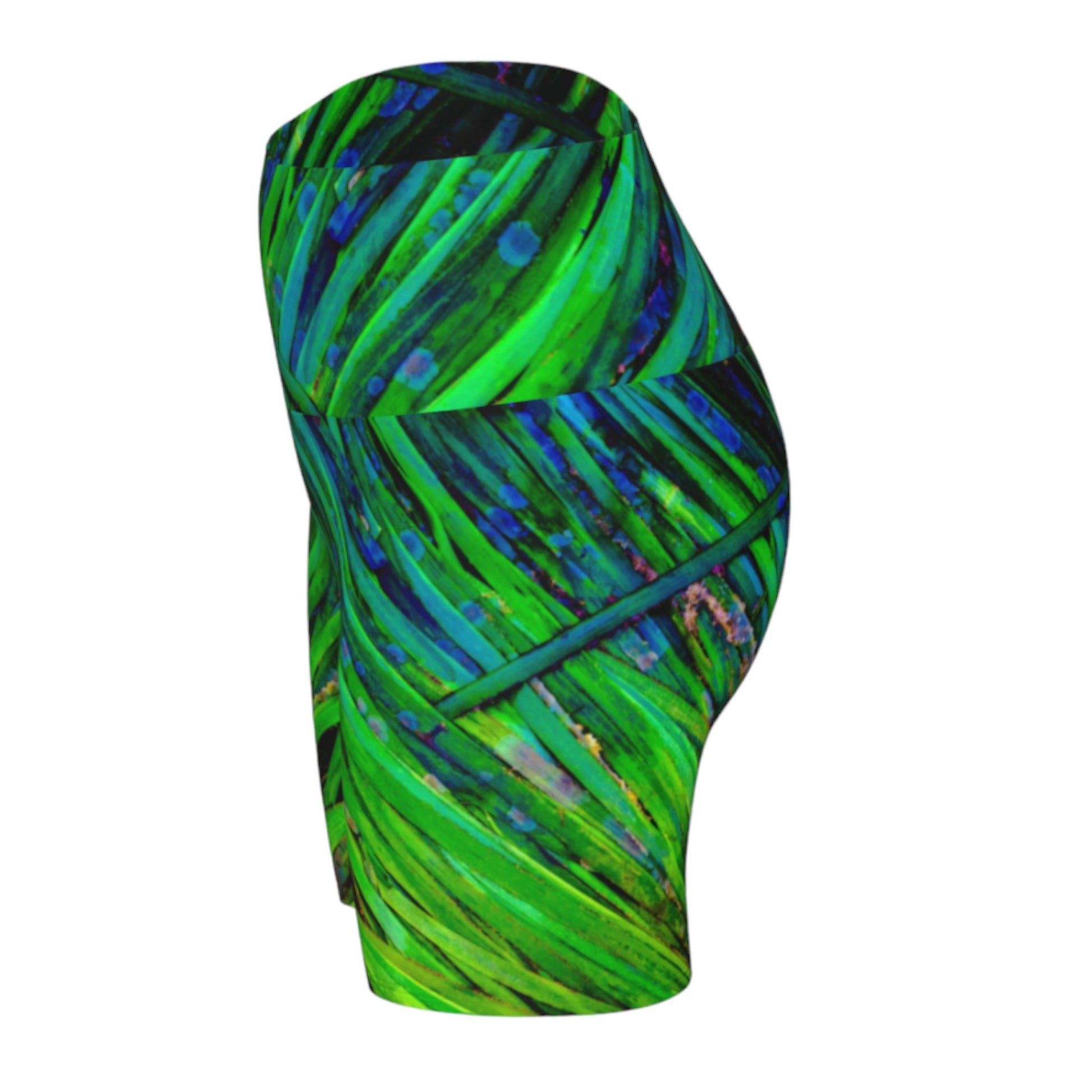 Shades of green yoga shorts feature an all over print of spring ocean sea grass at low tide.