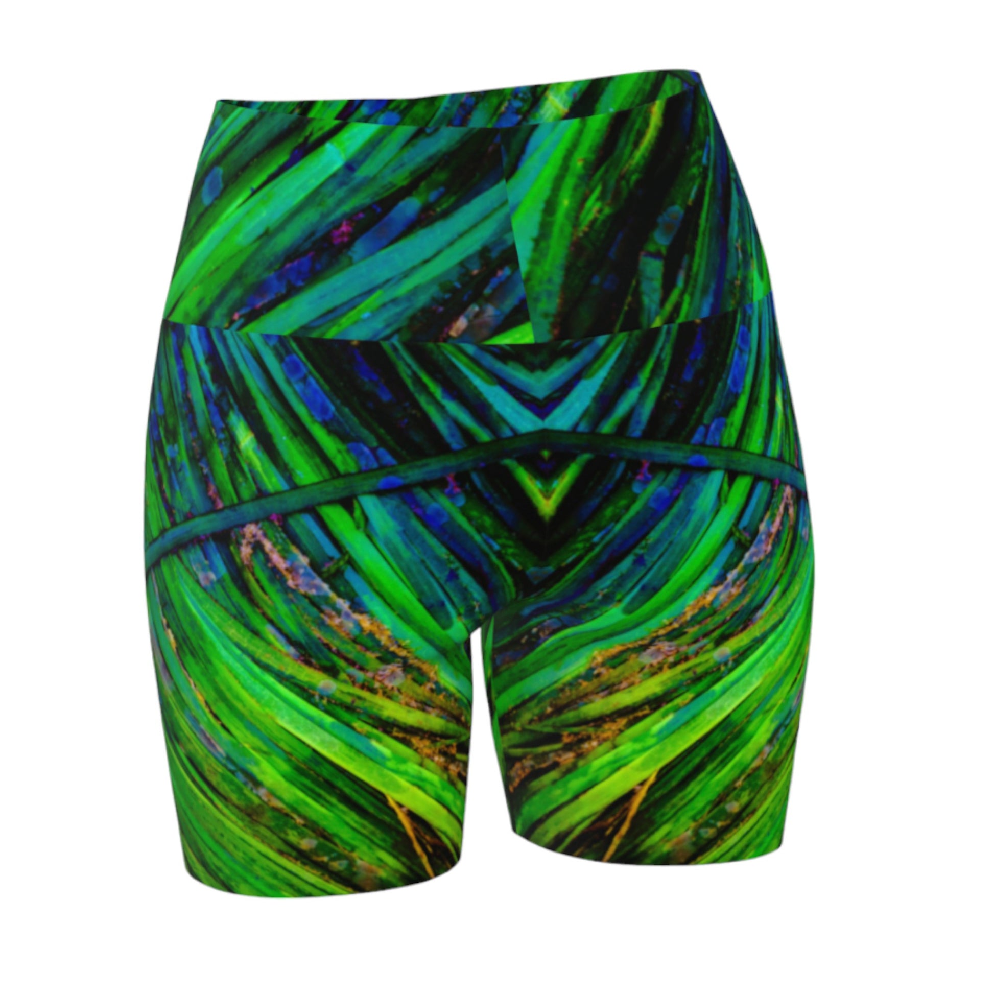 Shades of green yoga shorts feature an all over print of spring ocean sea grass at low tide.