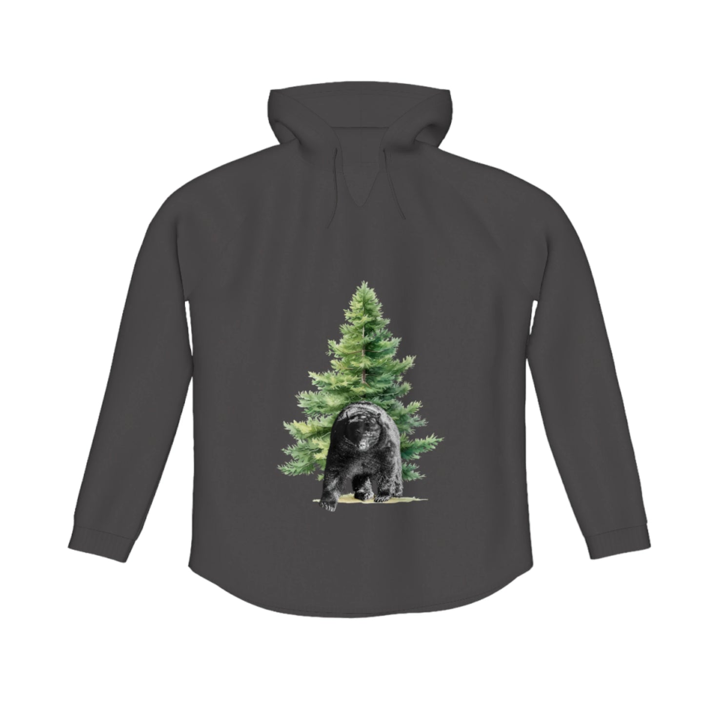 Observant Bear Flow Pullover Hoodie. The image is of a bear standing in front of a tree.