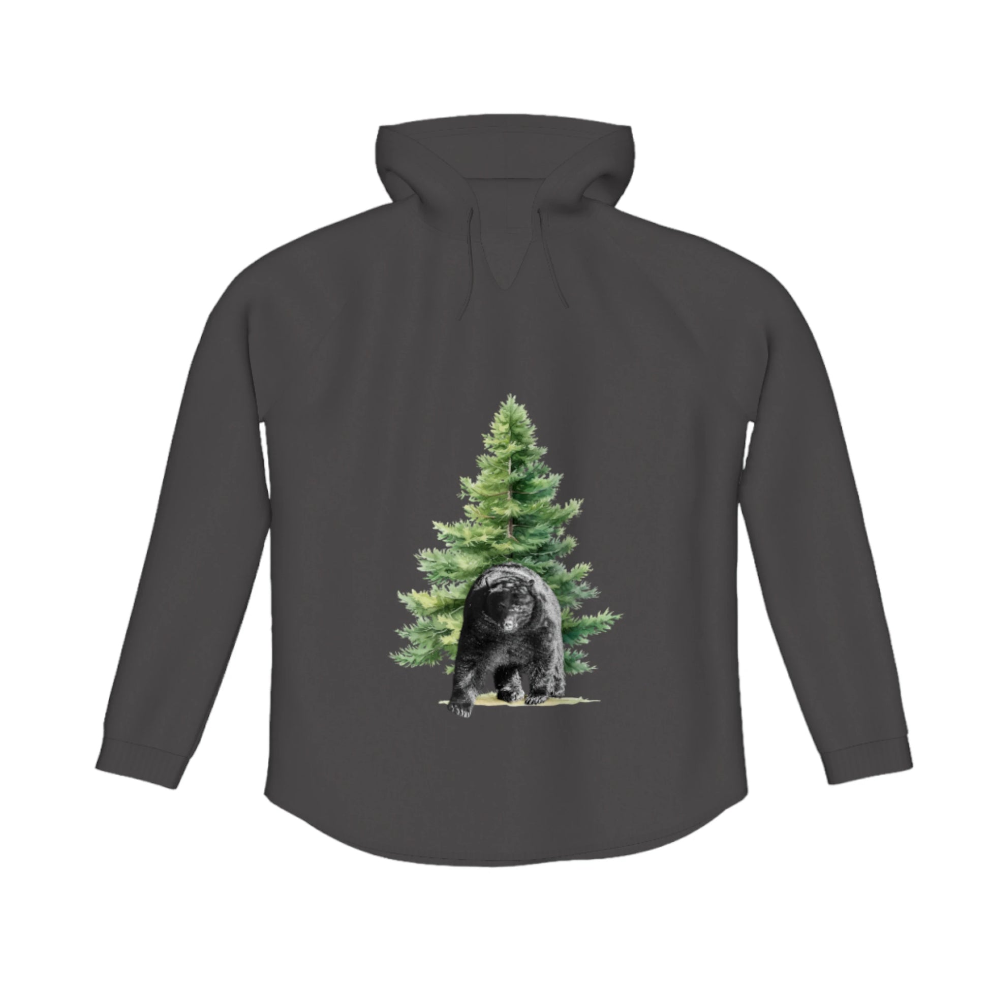 Observant Bear Flow Pullover Hoodie. The image is of a bear standing in front of a tree.