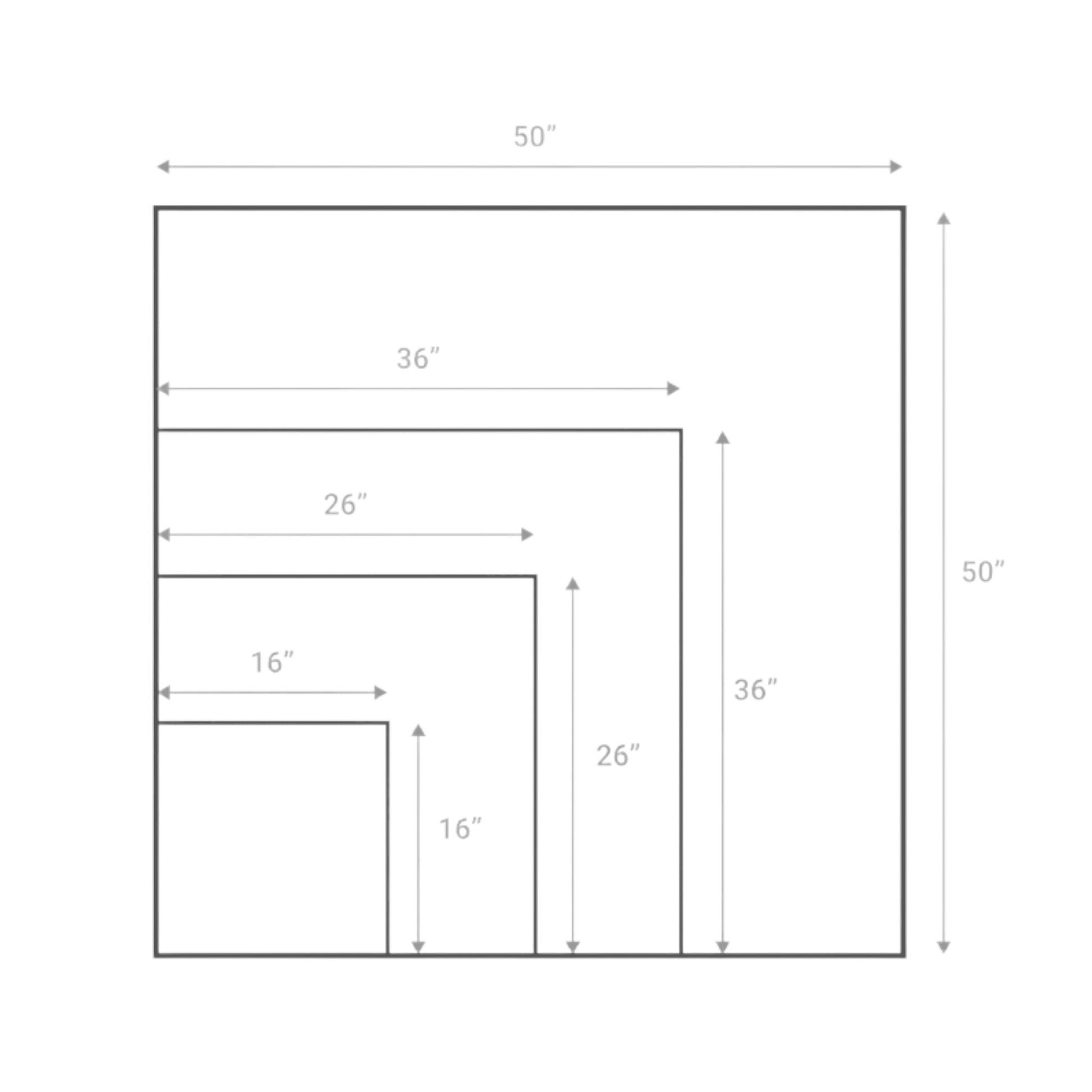 Size chart for square scarves showing the sizes available.