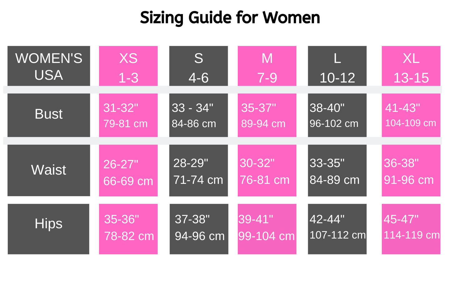 Sizing guide for women with color-coded measurements