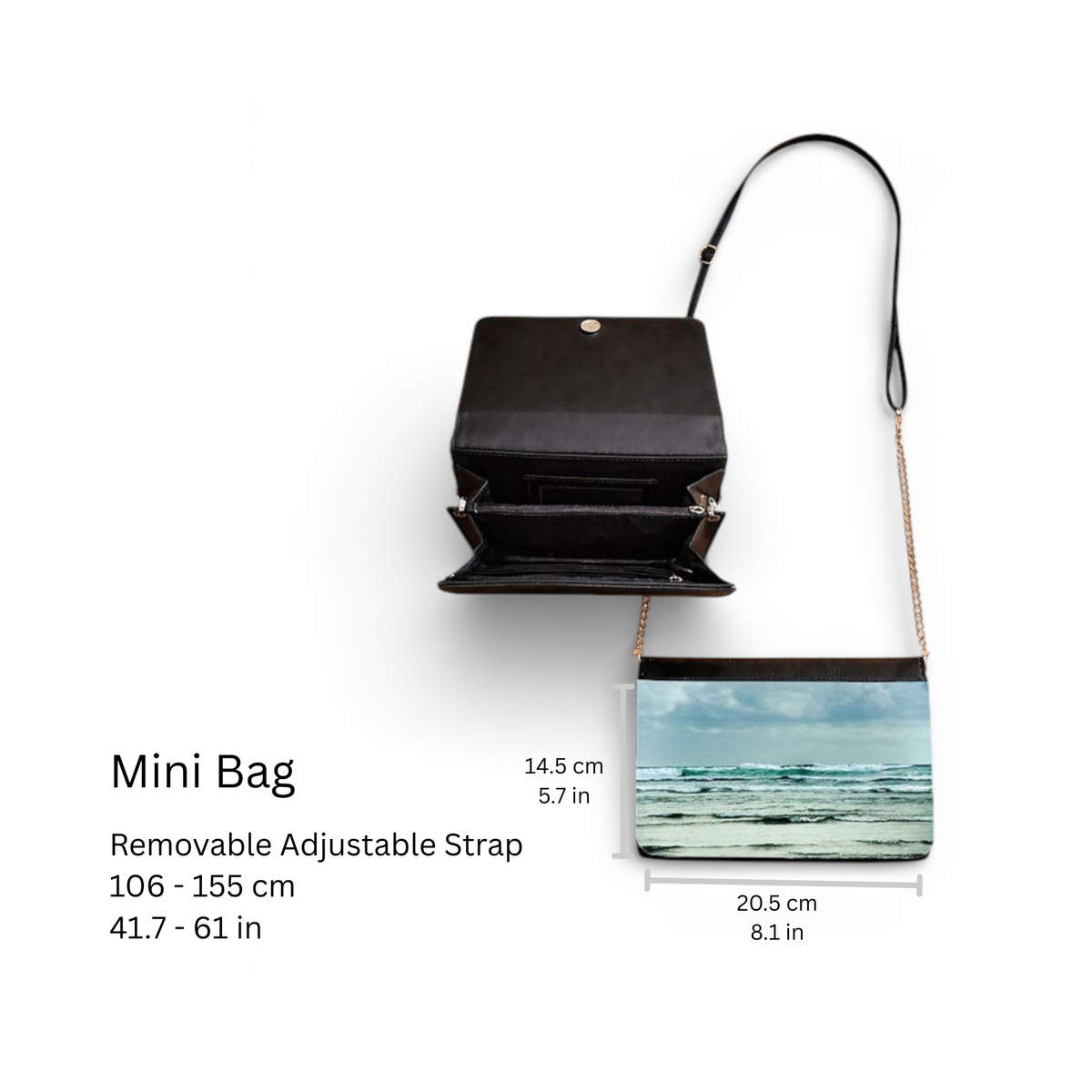 Mini bag with a removable adjustable strap, shown open and closed, on a white background.