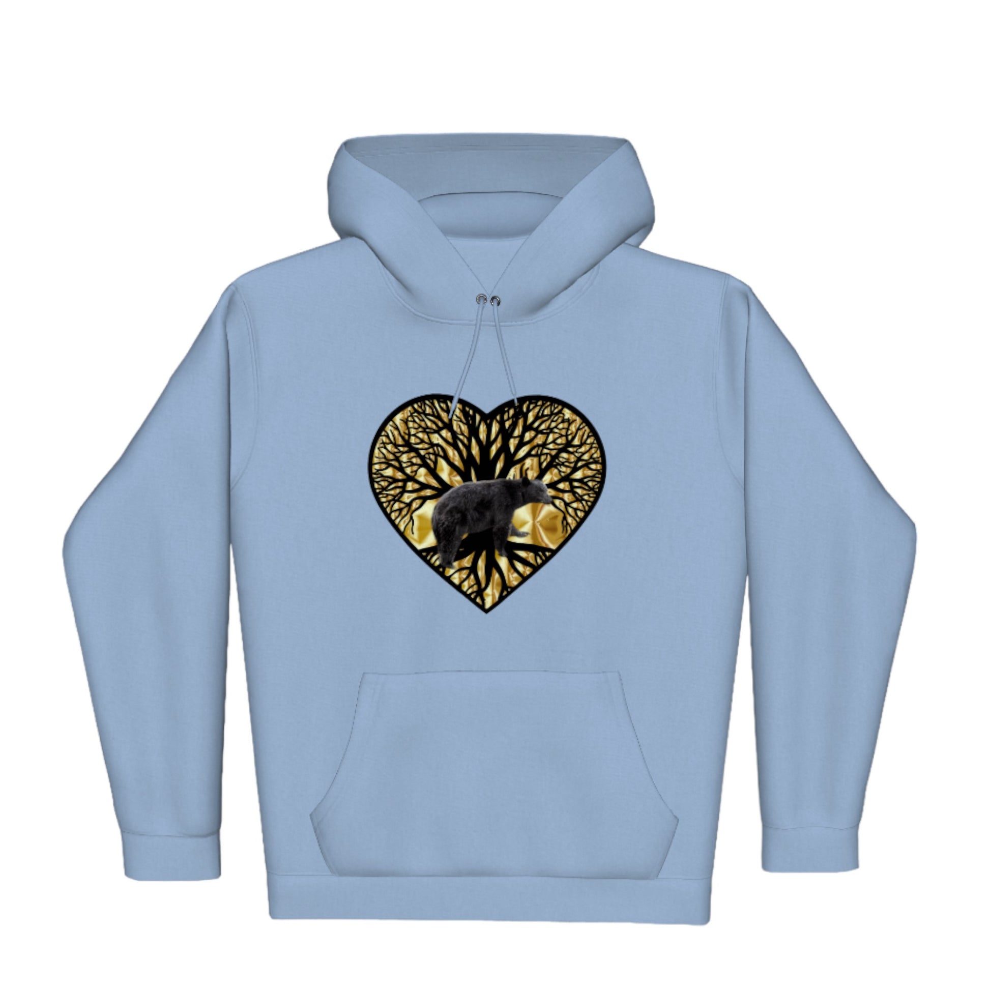 Bear Heart Premium Pullover Hoodie. the image is of a heart with a tree of life and a bear with a gold background.