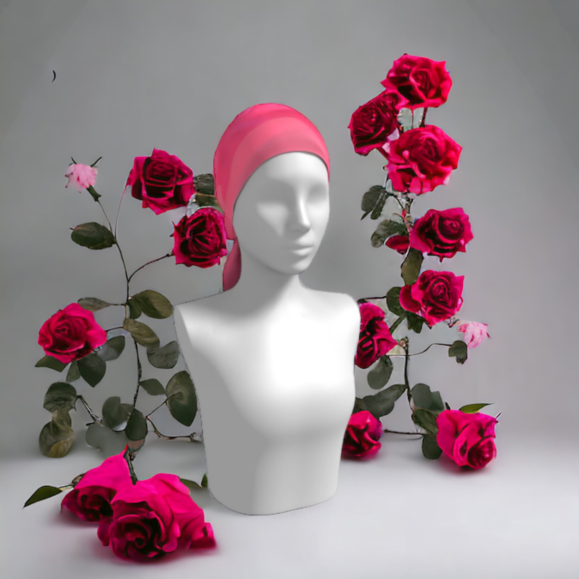 Soft rose long scarf is shown worn as a head wrap.