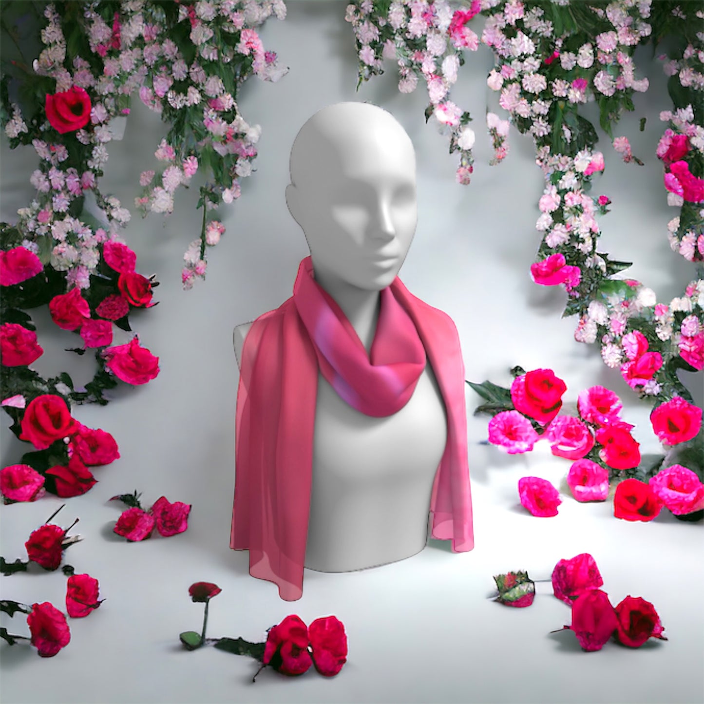 Soft rose long scarf is shown worn around the neck 