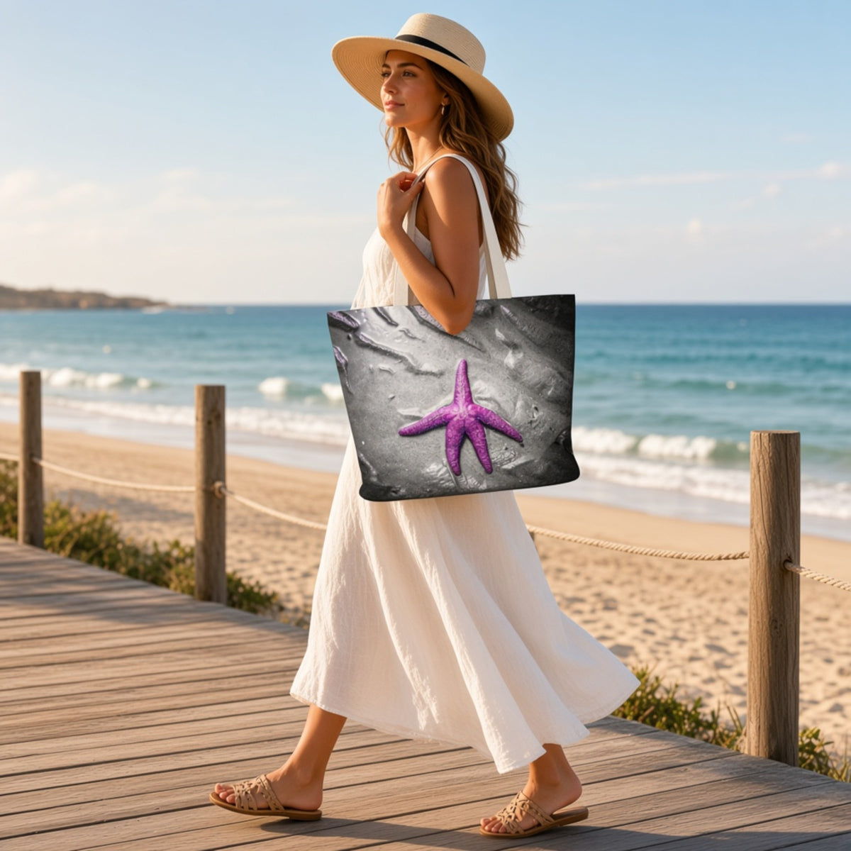 A woman in a white dress and straw hat walks along a wooden boardwalk at the beach, carrying a large tote bag printed with a purple starfish on a gray textured background.