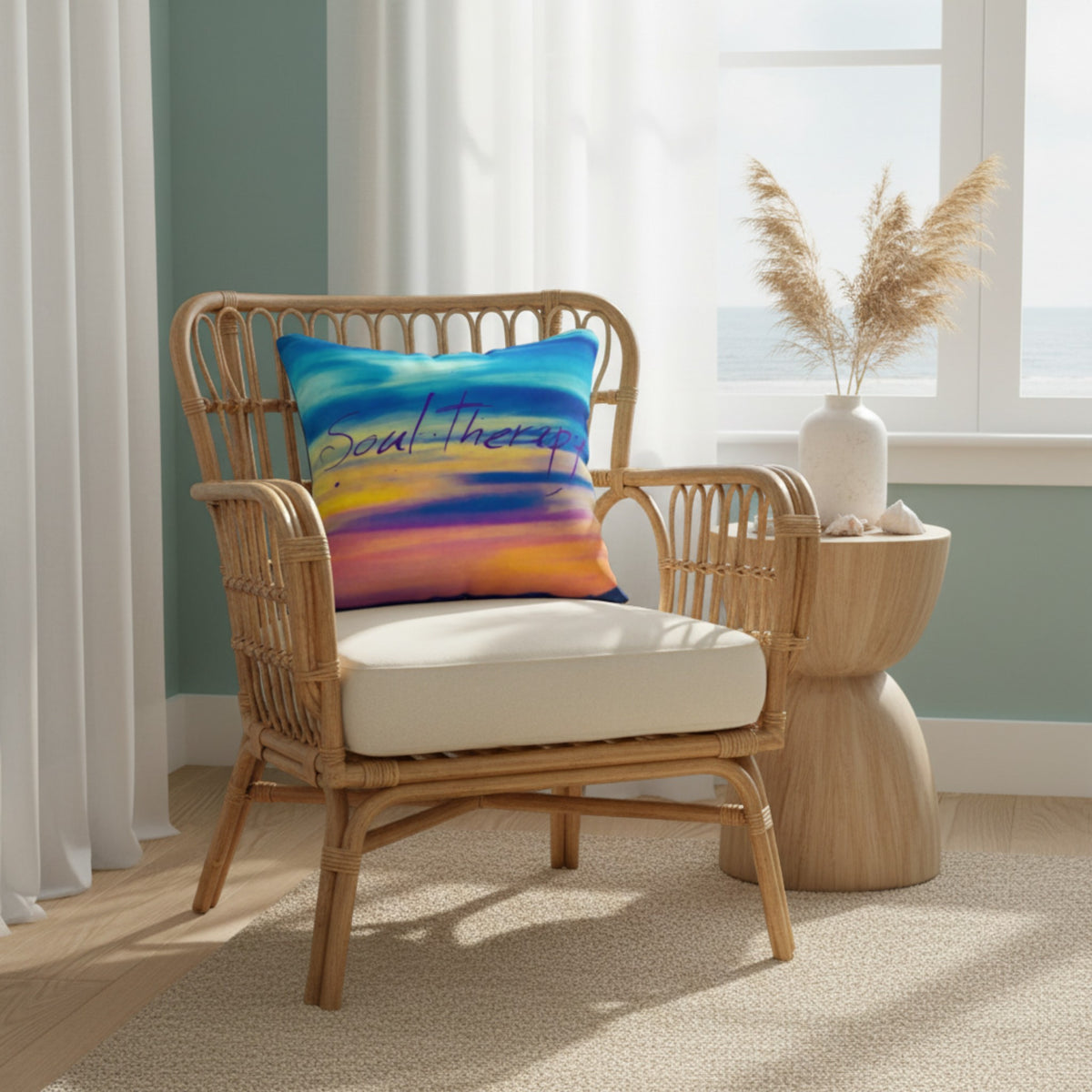 A woven rattan armchair with a cream cushion sits in a bright room beside a window, next to a small wooden side table with a vase of pampas grass. A colorful throw pillow with the words 'Soul Therapy' rests on the chair.
