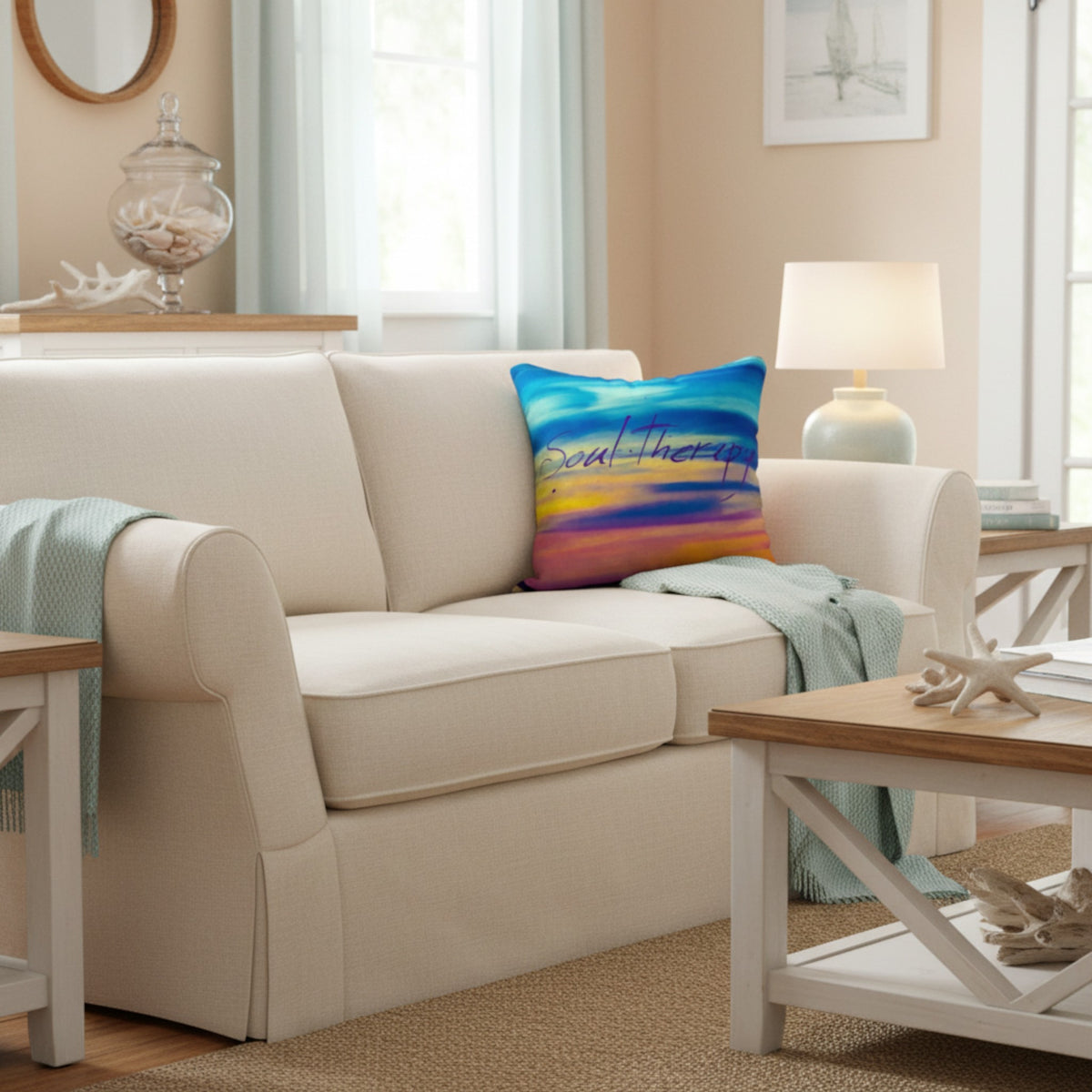 A cream-colored slipcovered loveseat sofa in a bright, coastal-style living room, styled with a colorful blue and yellow 'Soal Therapy' throw pillow, a light blue throw blanket, and a wooden coffee table.
