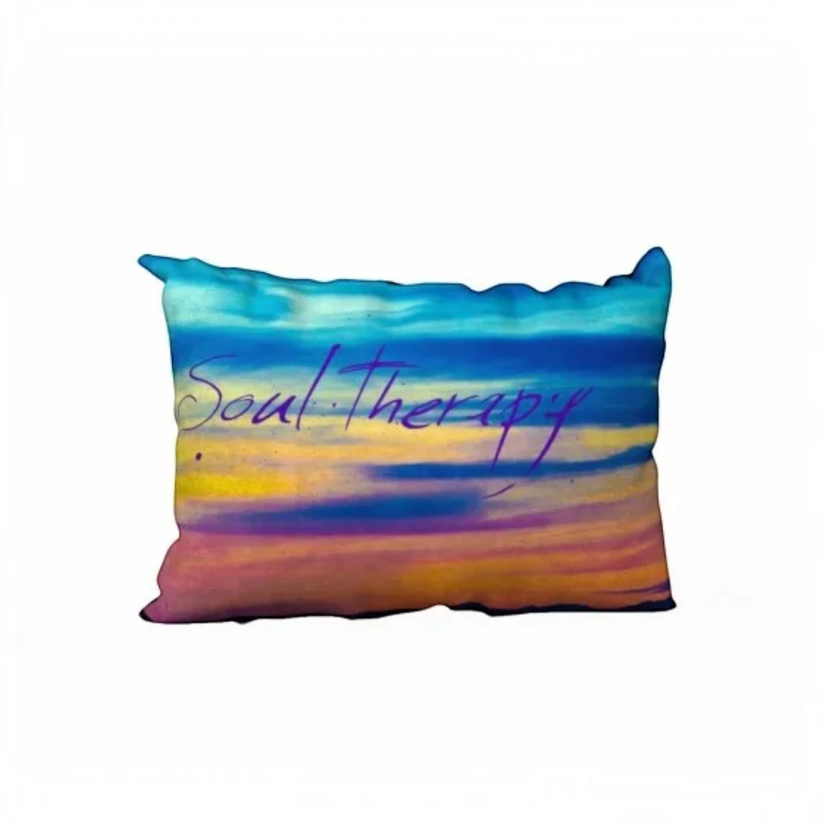 A rectangular decorative pillow featuring a colorful abstract watercolor design with the words 'Soul Therapy' written across the center in purple script, shown against a plain white background.