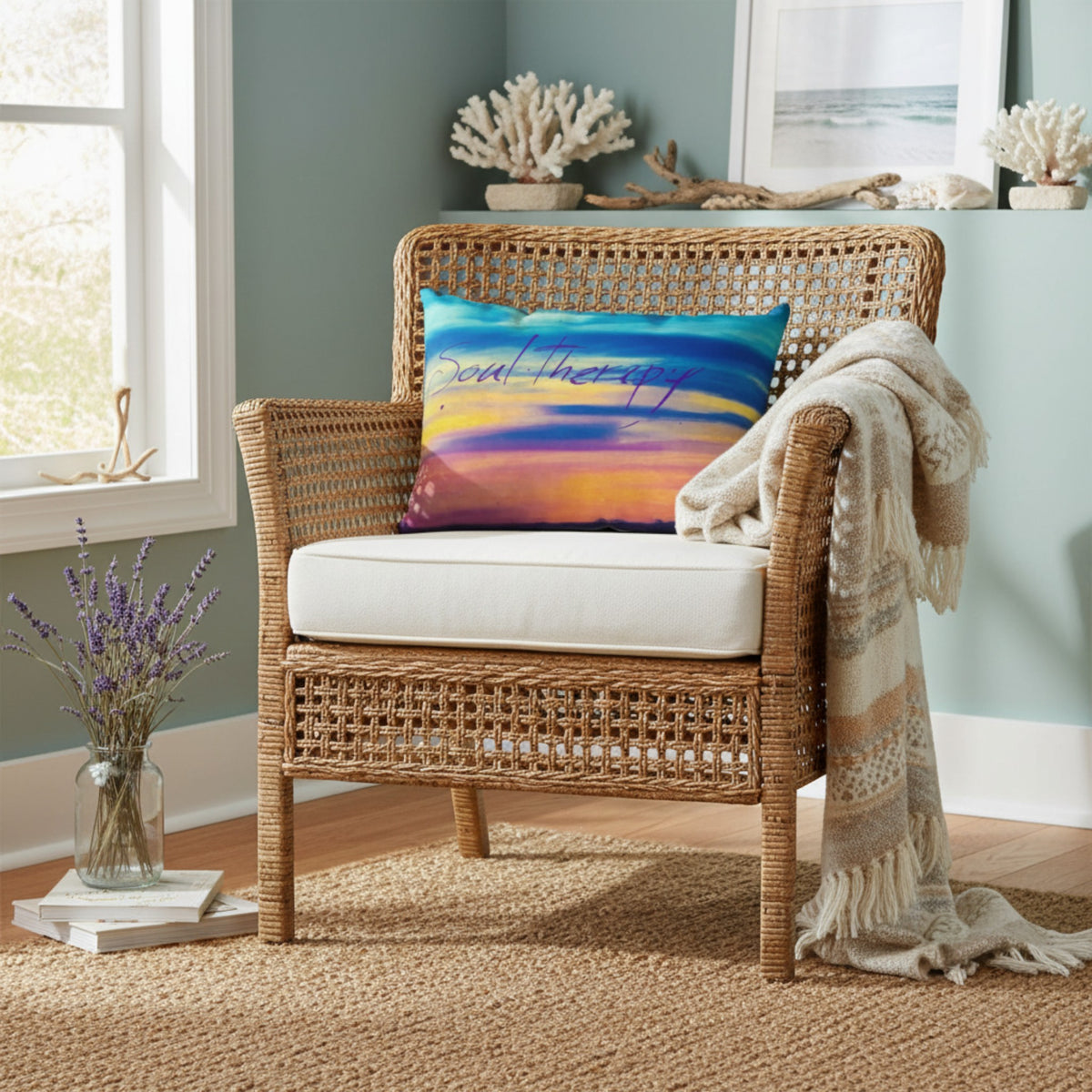 A woven rattan armchair with a white cushion sits in a styled room setting with a colorful beach-print throw pillow, a cream knit throw blanket, and a beige rug. The background features a soft blue-green wall, a window, and decorative coral.