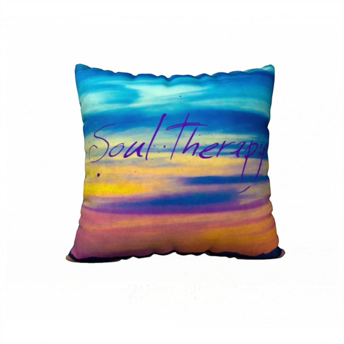 A square throw pillow featuring a colorful watercolor sunset design with the words 'Soul Therapy' written across the front in purple script, set against a plain white background.