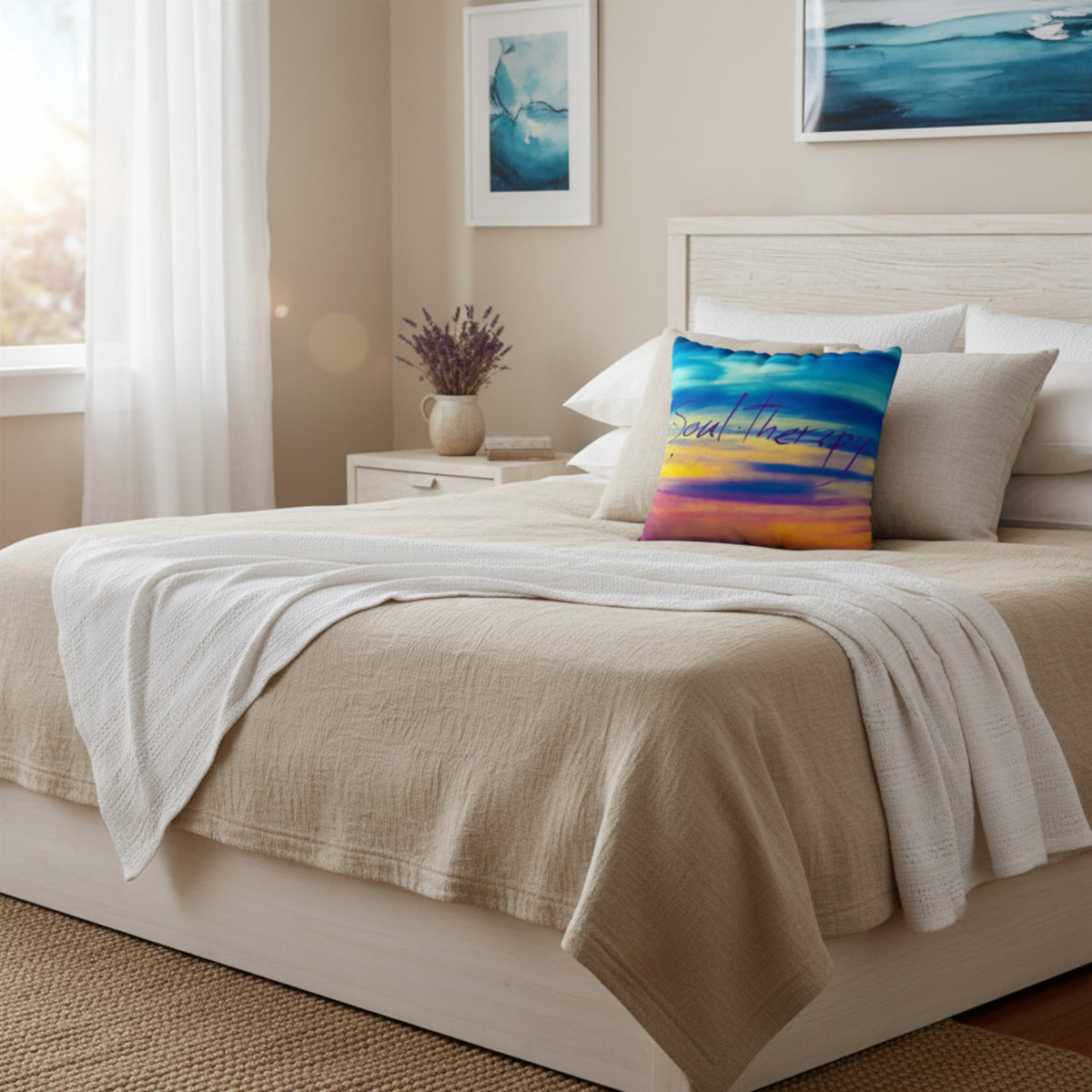 A neatly made bed in a softly lit bedroom, dressed with beige linens and a white textured throw blanket. A colorful square pillow with an abstract blue, yellow, and orange design rests against the bed, alongside neutral white pillows.