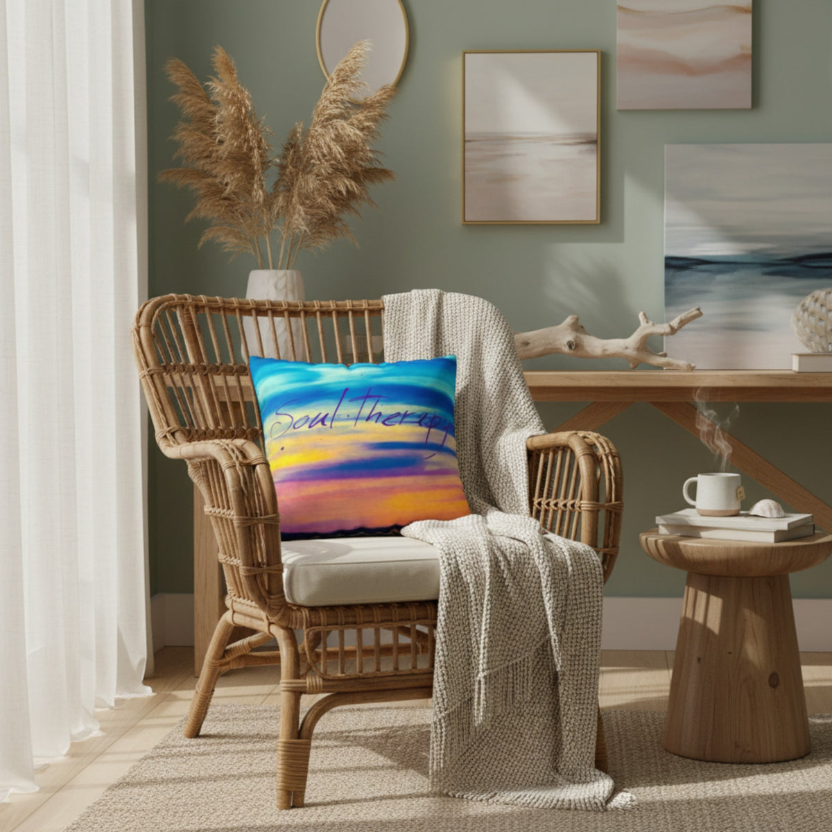 A colorful square throw pillow with the words 'Good Therapy' in script over a blue, yellow, and orange sunset design, styled on a rattan armchair in a beautifully decorated room.