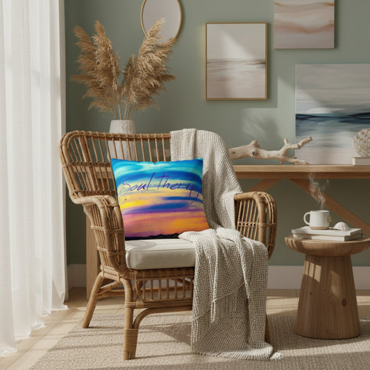 A colorful square throw pillow with the words 'Good Therapy' in script over a blue, yellow, and orange sunset design, styled on a rattan armchair in a beautifully decorated room.