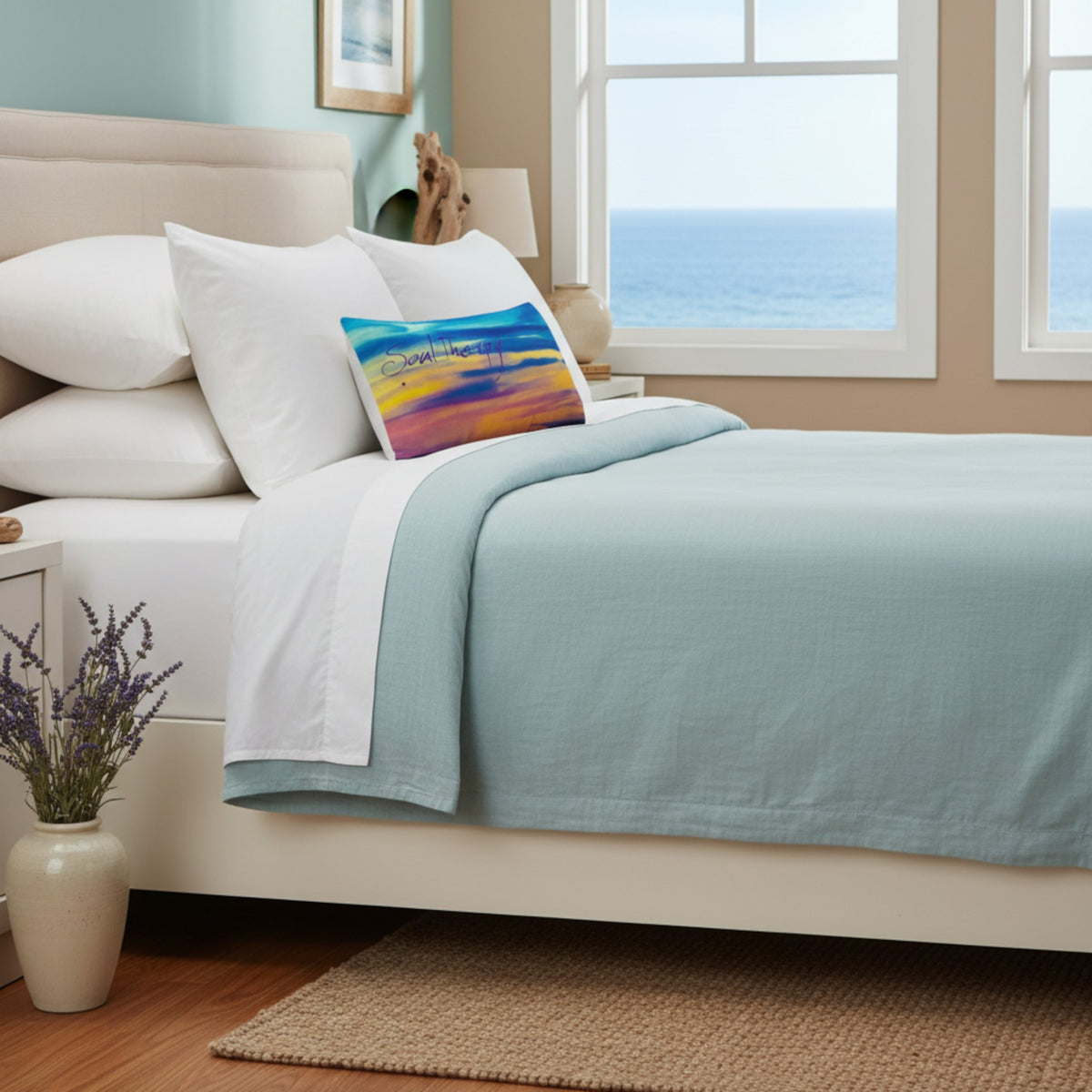 A neatly made bed in a bright bedroom with white bedding and a light blue duvet, plus a colorful beach-print accent pillow. A window shows the ocean outside, and a vase of lavender sits on the floor nearby.