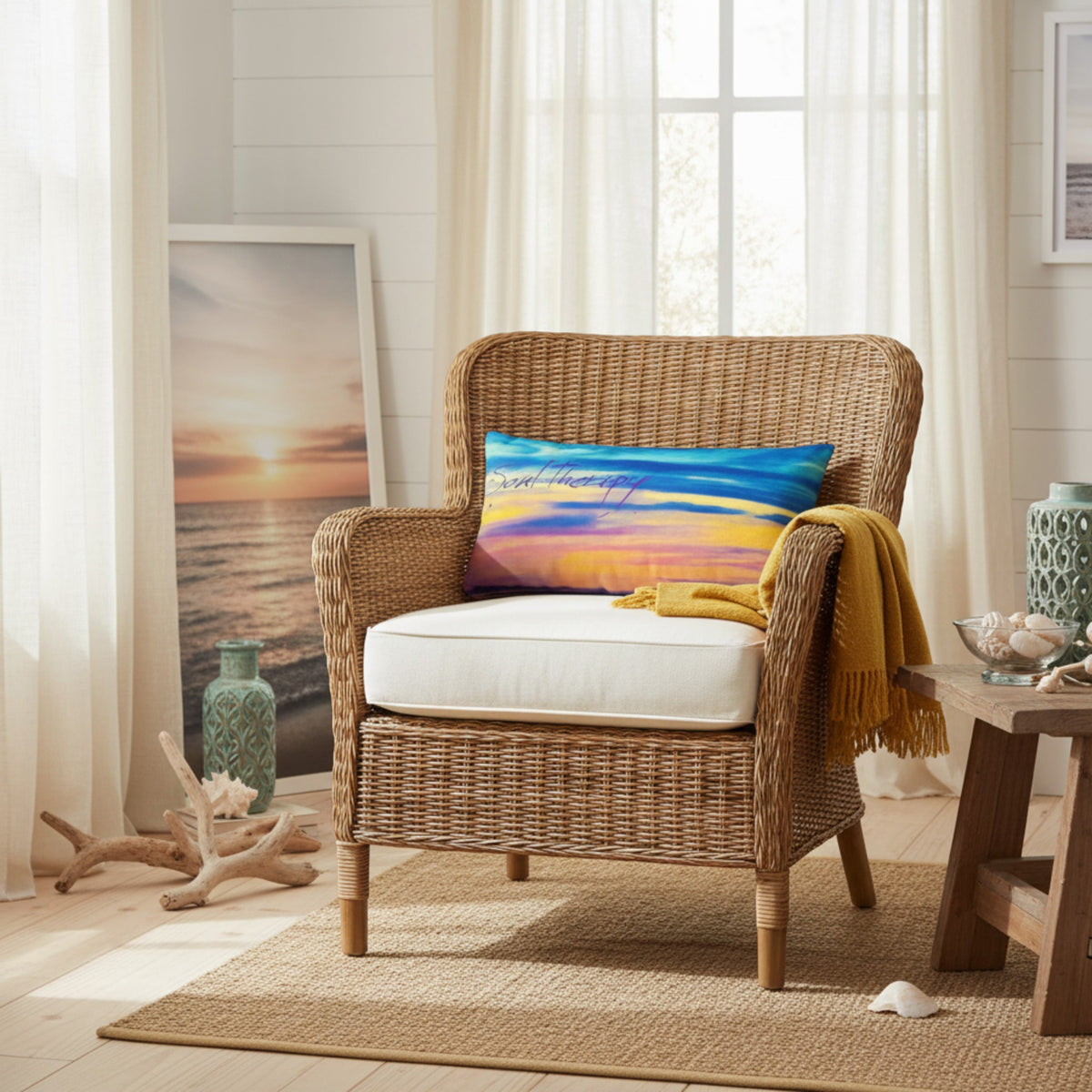 A wicker armchair with a white cushion sits in a bright, coastal-style room. A colorful blue, yellow, and orange beach-themed pillow with the words 'Beach Life' rests on the chair, along with a mustard yellow throw blanket.