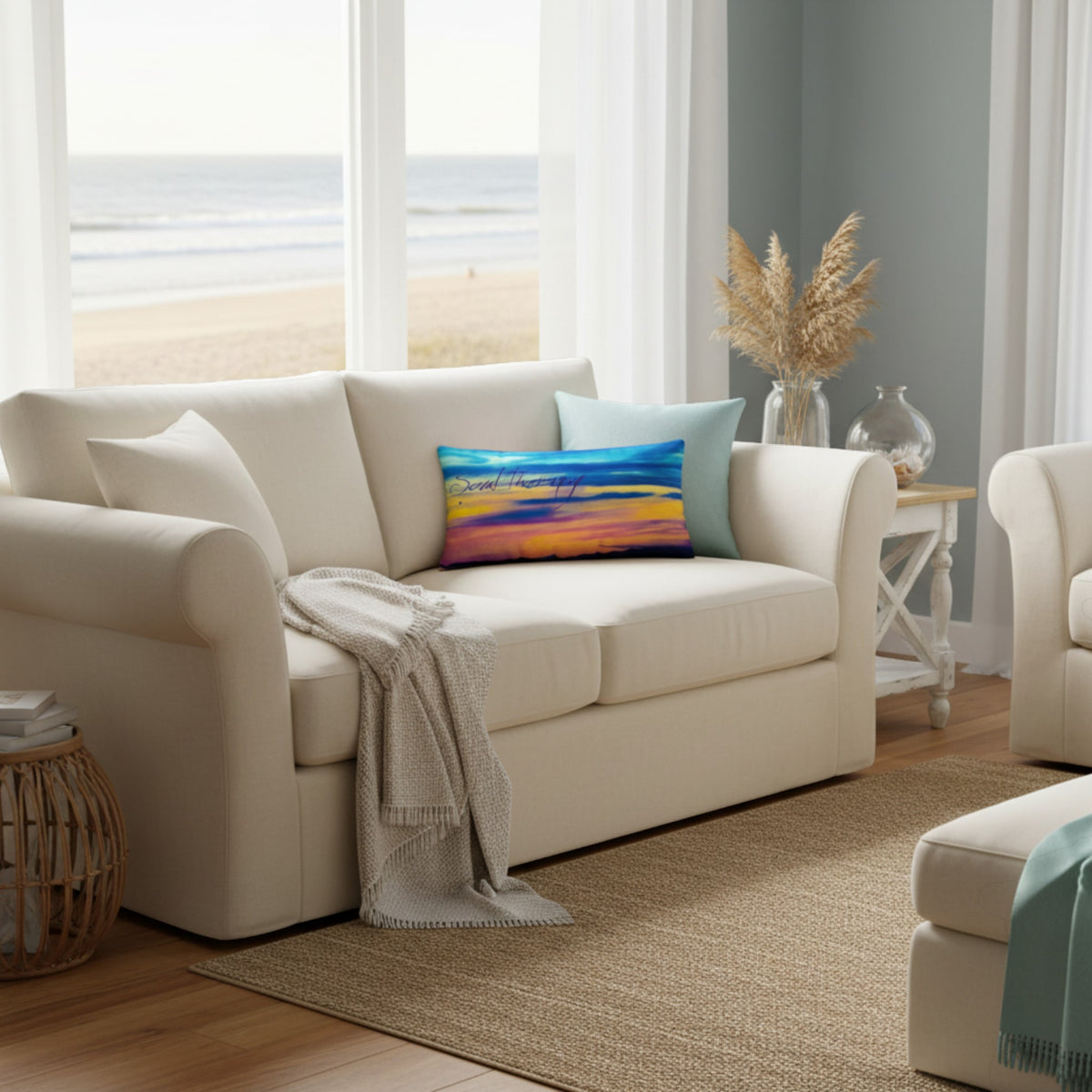 An off-white upholstered loveseat in a bright coastal living room, with a colorful rectangular accent pillow, a draped throw blanket, and a large window showing the beach in the background.