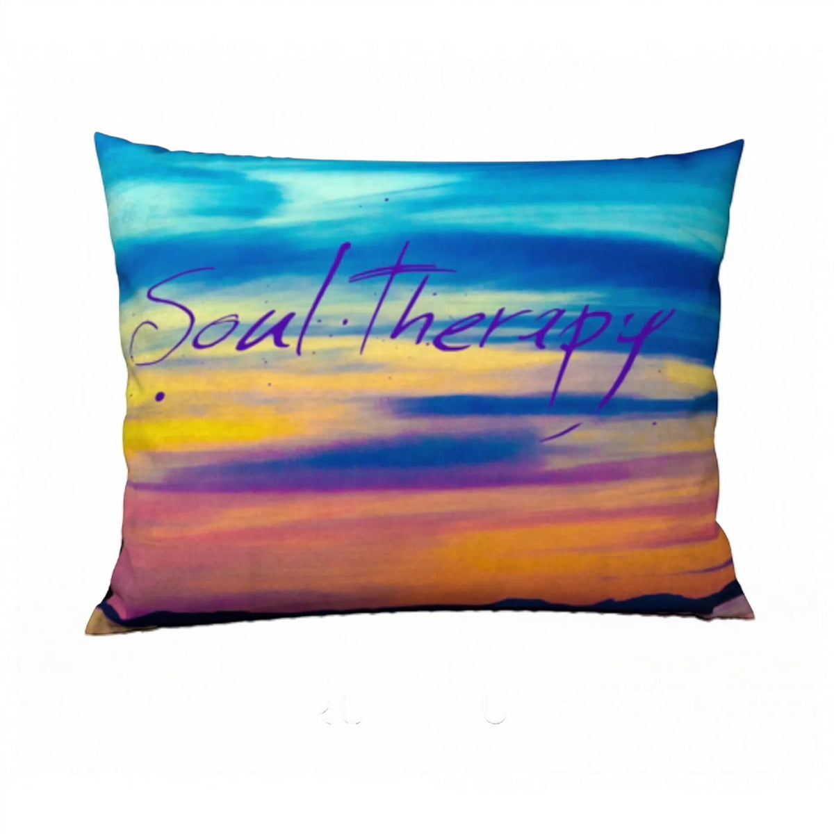 A square-shaped throw pillow with a vibrant sunset design, featuring orange and purple hues with a mountain range silhouette.