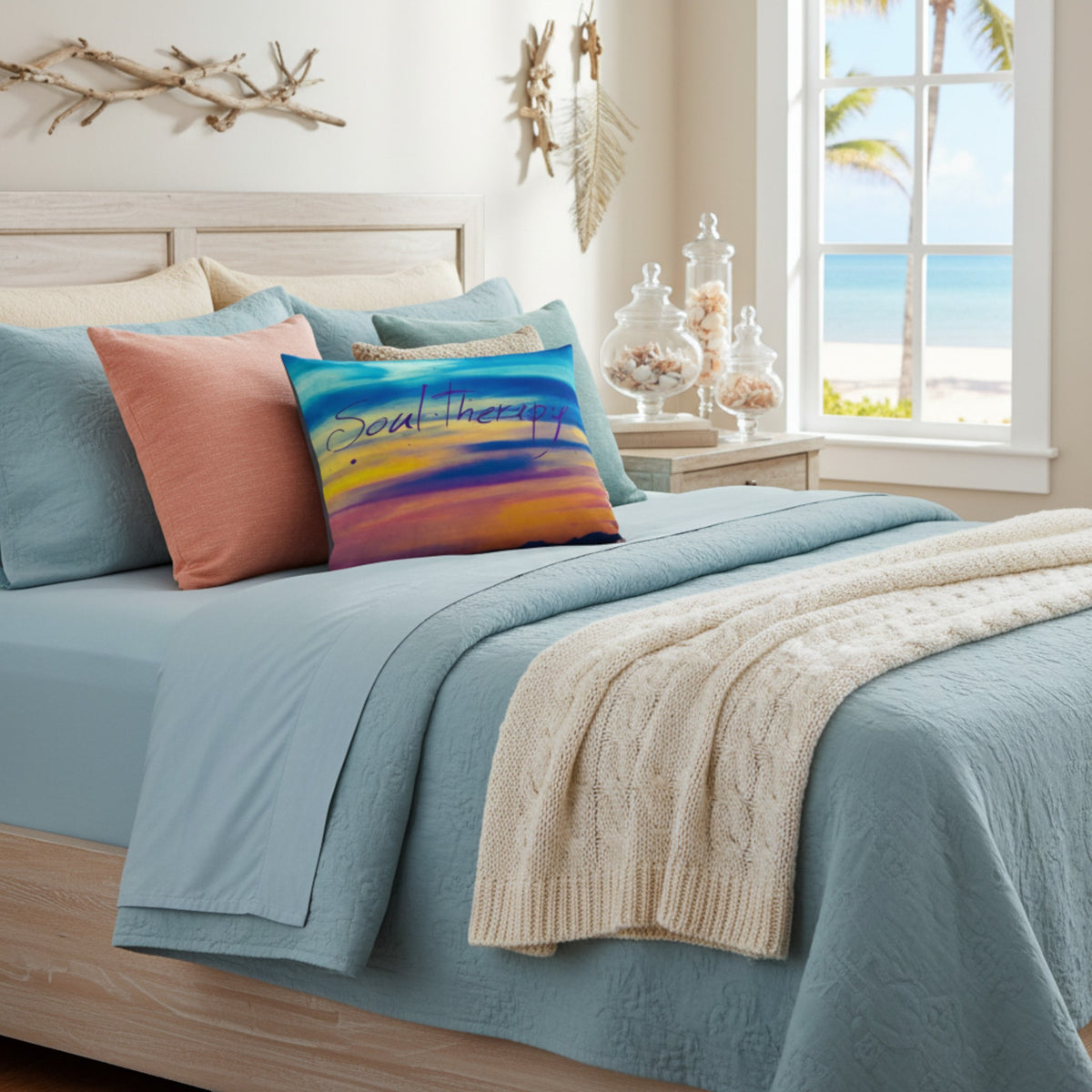 A styled bed in a bright bedroom featuring a light blue bedding set with a textured cover and matching pillow shams, accented by a coral pillow, a blue and orange gradient decorative pillow reading 'Self Therapy', a cream cable-knit throw blanket, and a wooden headboard. A large window on the right shows a beach scene with ocean and palm trees.