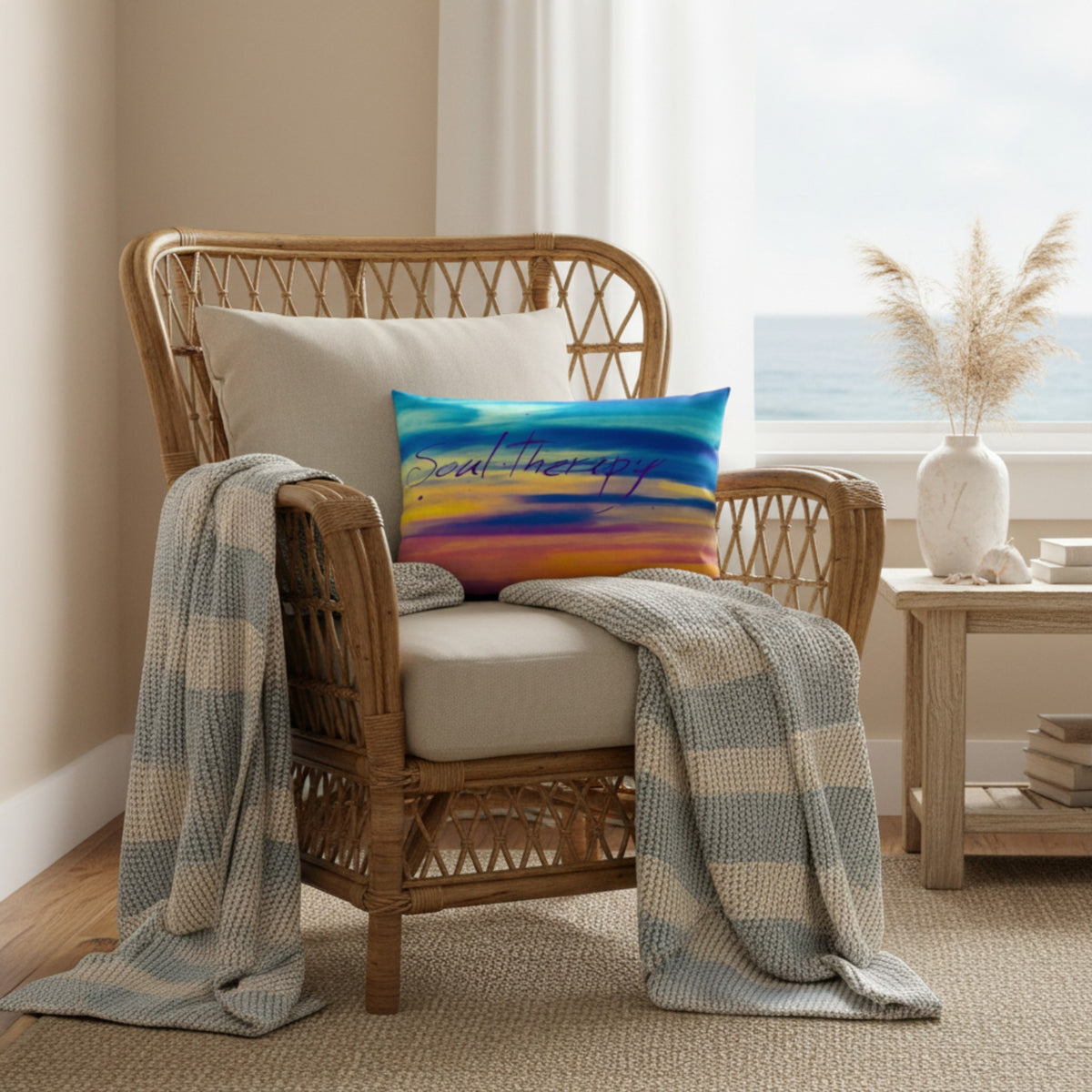A colorful square throw pillow with a blue, yellow, and orange sunset design and the words 'feel therapy' written in script, styled on a rattan armchair in a bright room.