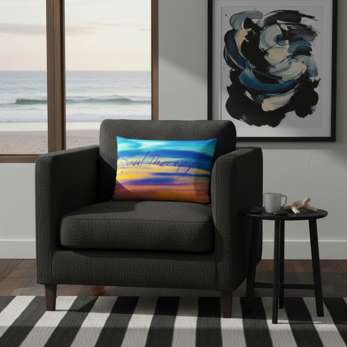A square-shaped throw pillow with a vibrant sunset design, featuring orange and purple hues with a mountain range silhouette.