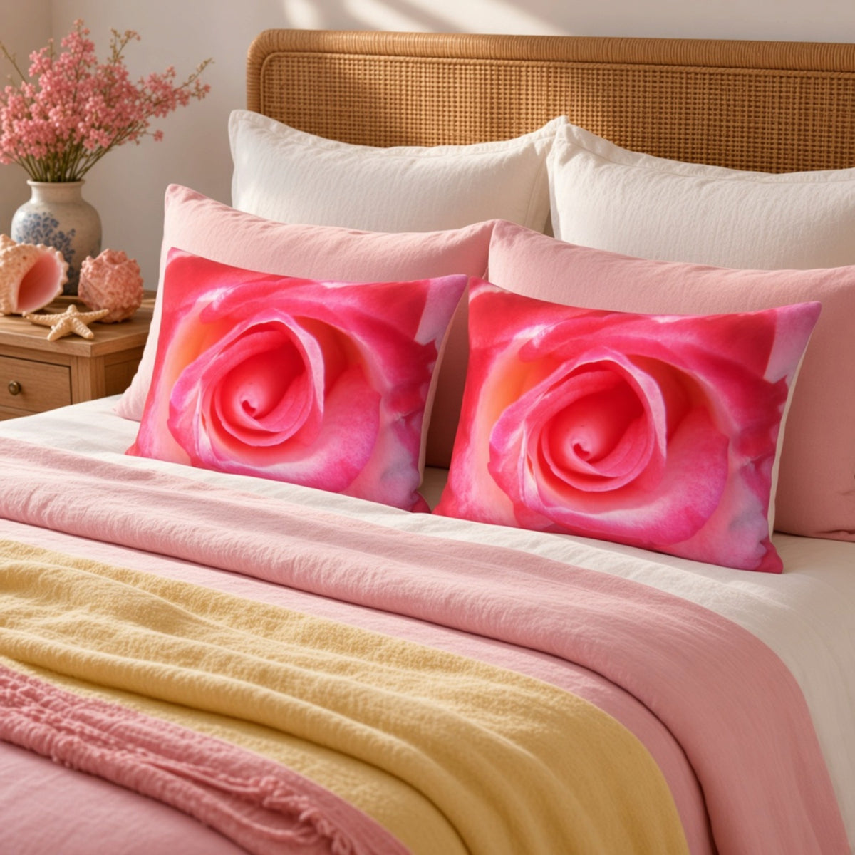 A styled bed with pink and yellow bedding, featuring two square throw pillows printed with large pink rose designs, set against a rattan headboard in a warm, sunlit bedroom.