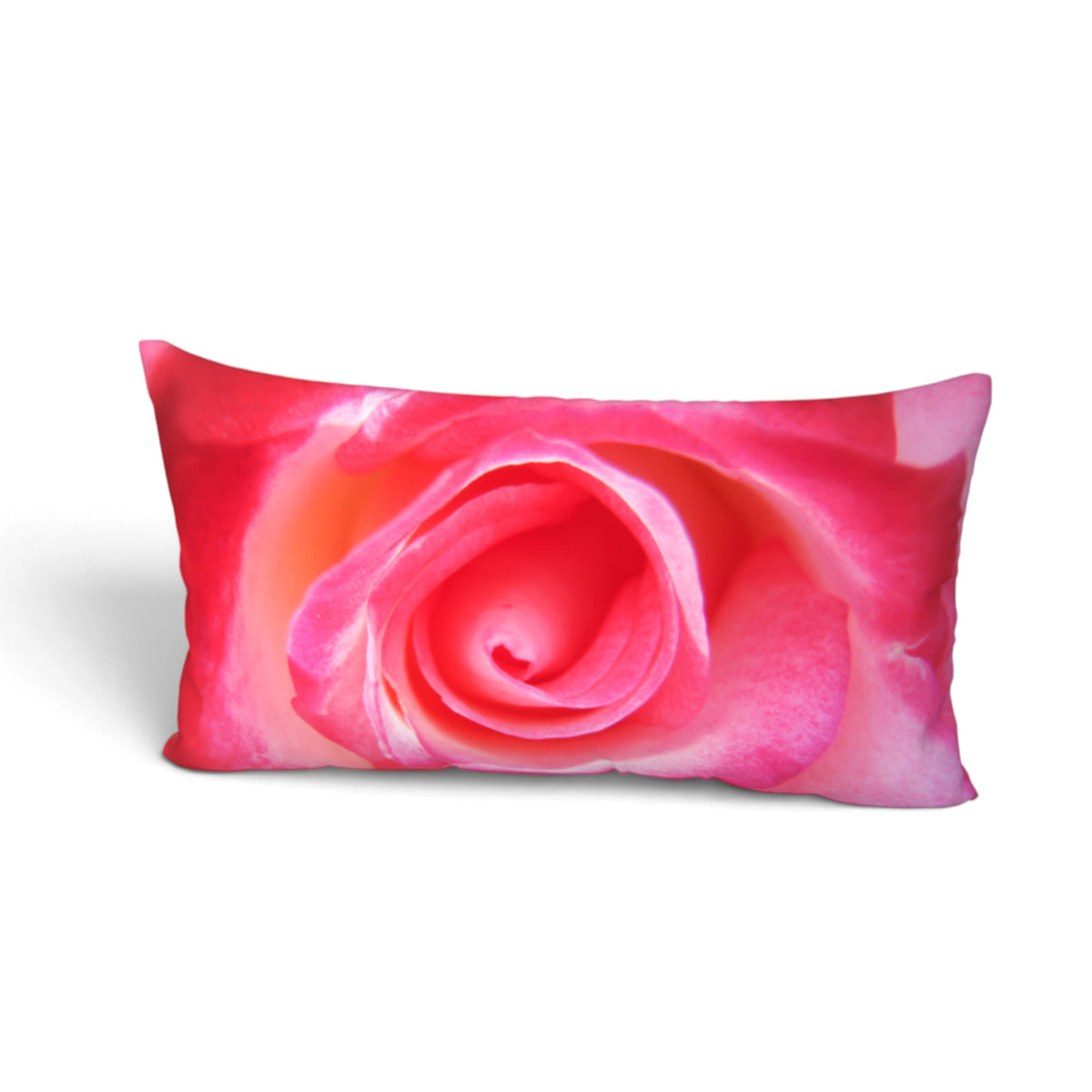 A rectangular lumbar pillow featuring a close-up photographic print of a vibrant pink rose, shown against a plain white background.
