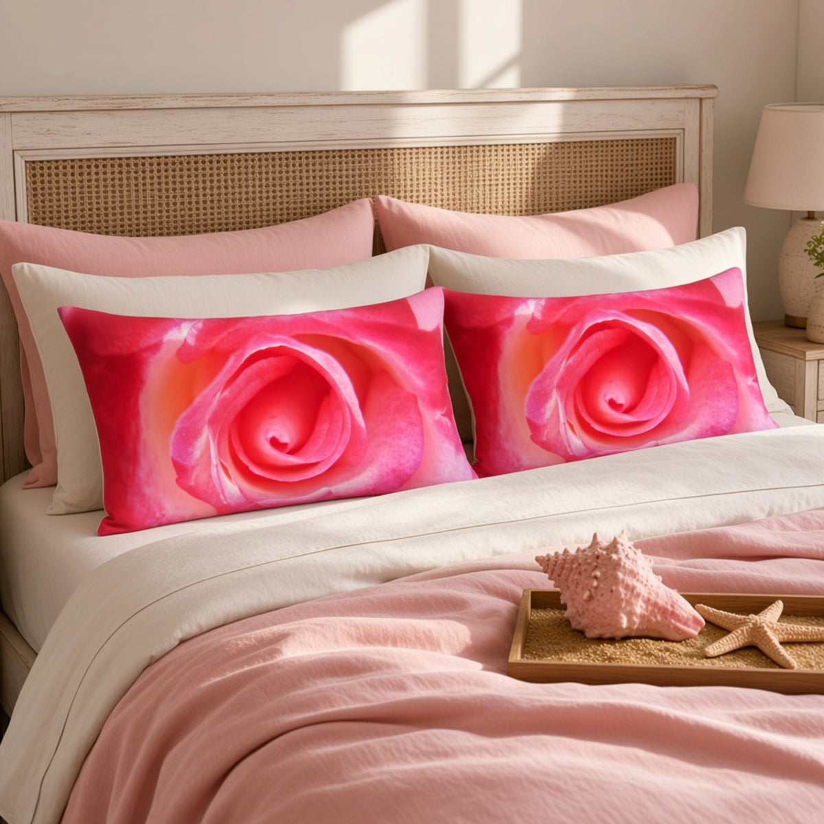 Two rectangular pillowcases featuring a large pink rose print, styled on a bed with pink and white bedding in a warm, sunlit bedroom setting.