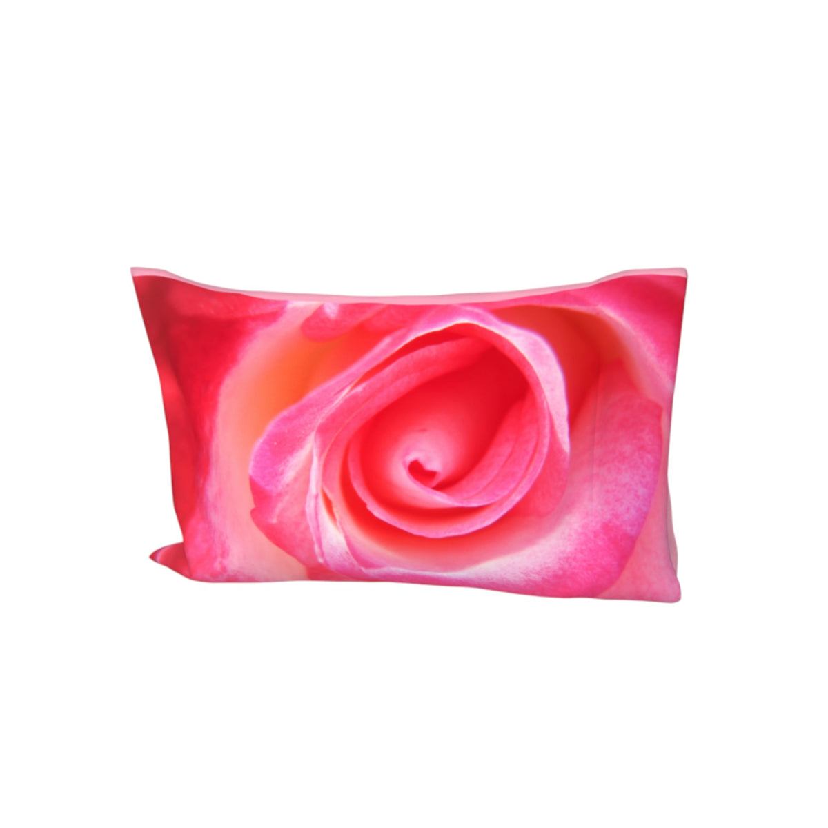A rectangular decorative pillow featuring a vibrant pink and red rose print, shown against a plain white background.