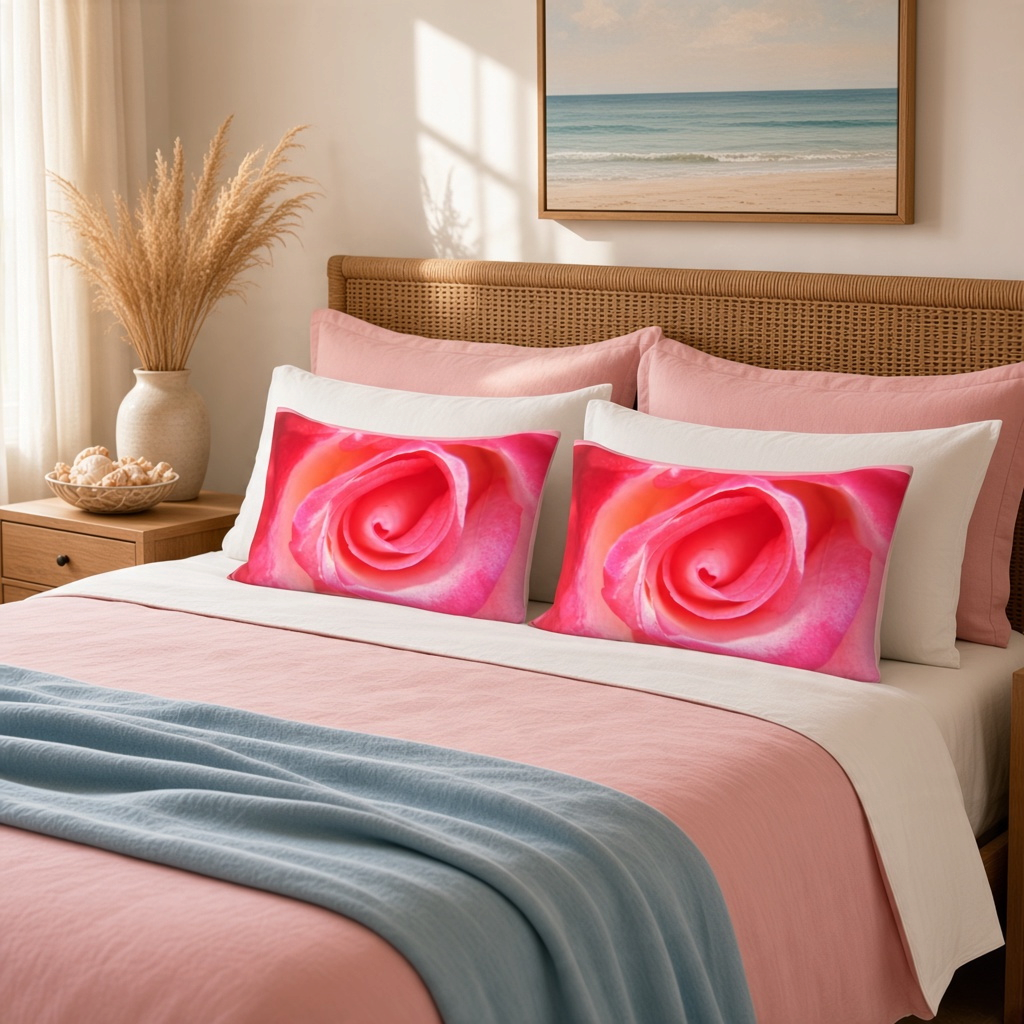 A styled bedroom scene with a bed dressed in pink bedding, white pillows, and two square decorative pillows featuring a large pink rose print. A blue throw blanket is draped across the foot of the bed, with a wooden headboard, bedside table, vase of dried grass, and framed ocean artwork in the background.