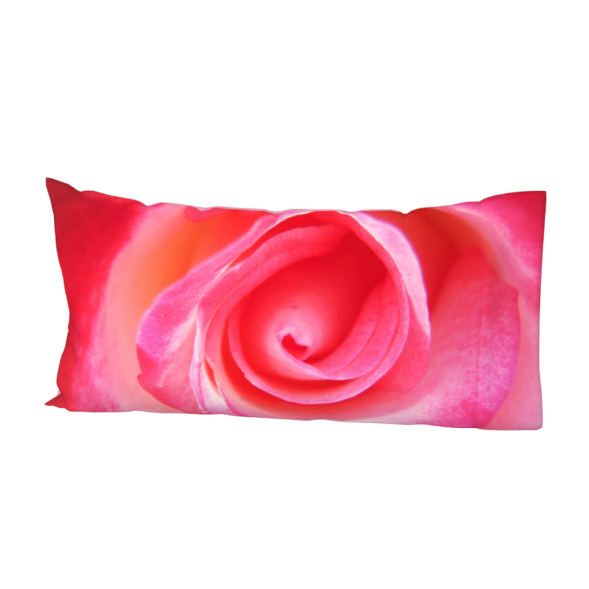 A rectangular lumbar pillow featuring a vibrant, close-up photographic print of a pink and red rose on a plain white background.