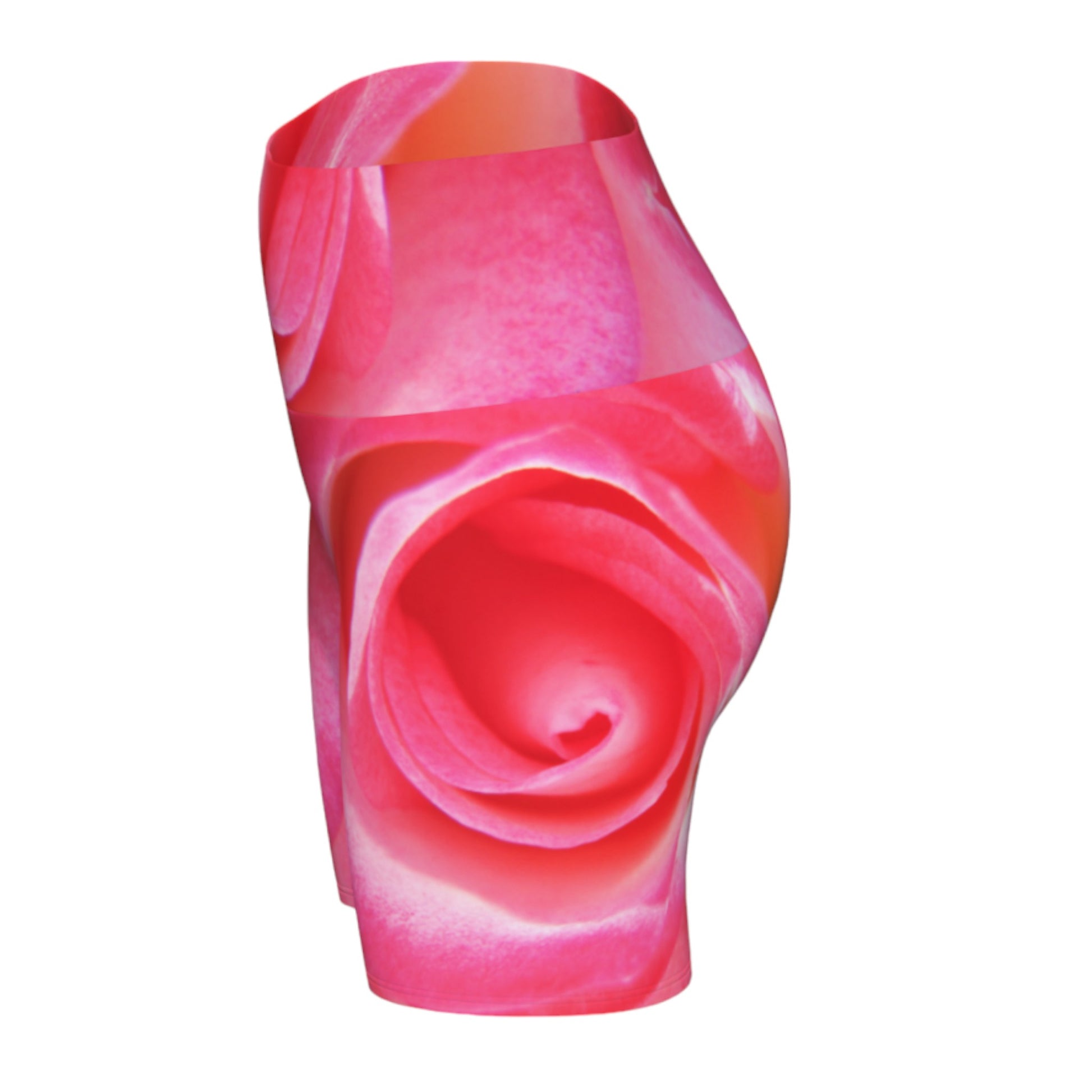 All over print Sparkle Rose Yoga Shorts features a pink rose as the image on the shorts