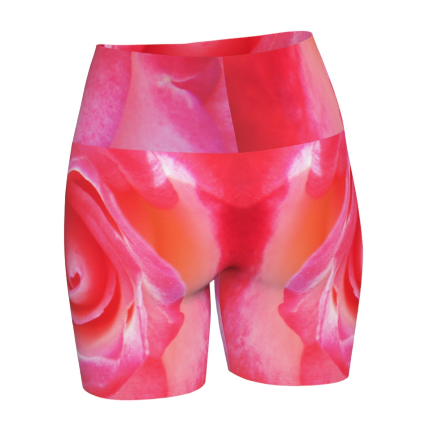All over print Sparkle Rose Yoga Shorts features a pink rose as the image on the shorts