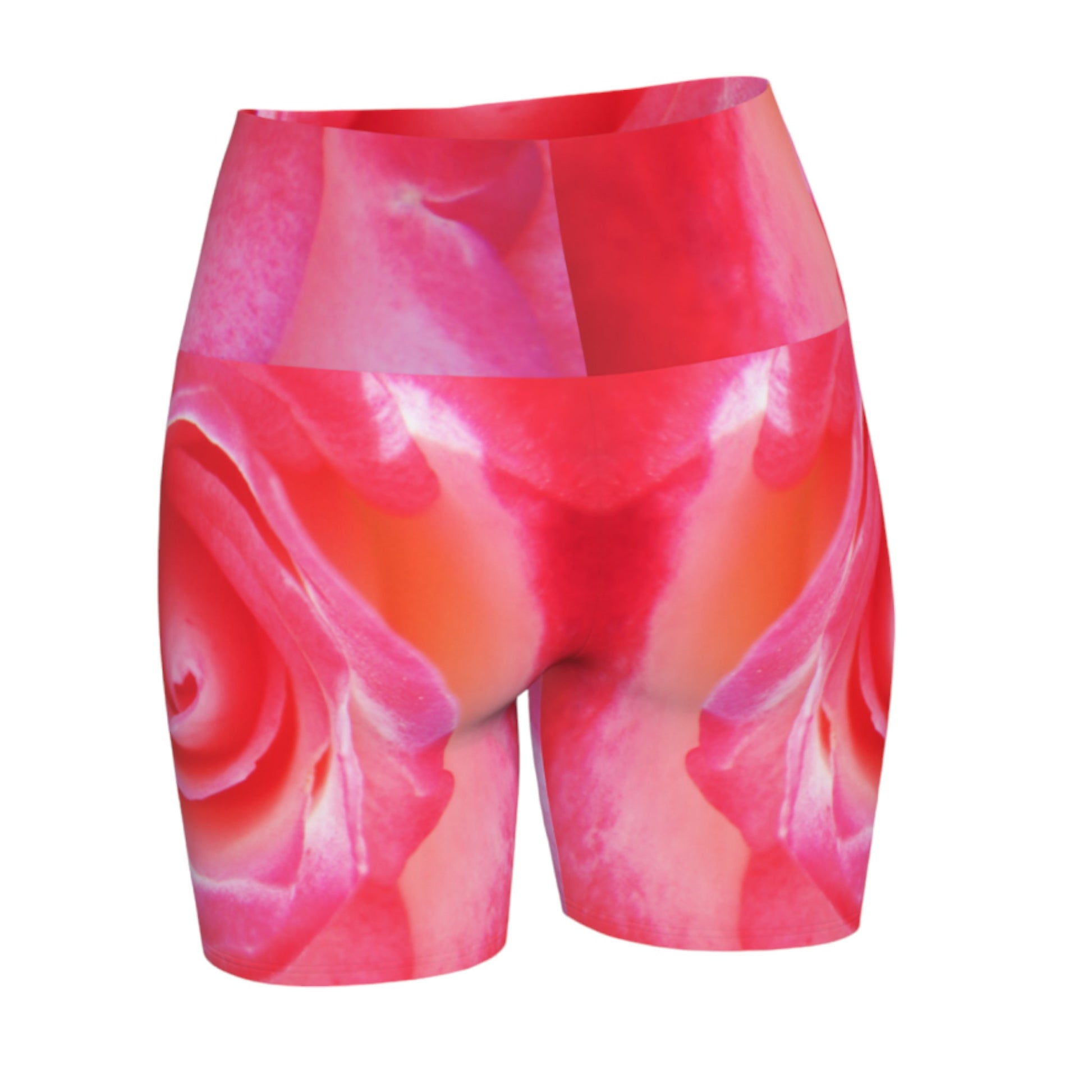 All over print Sparkle Rose Yoga Shorts features a pink rose as the image on the shorts