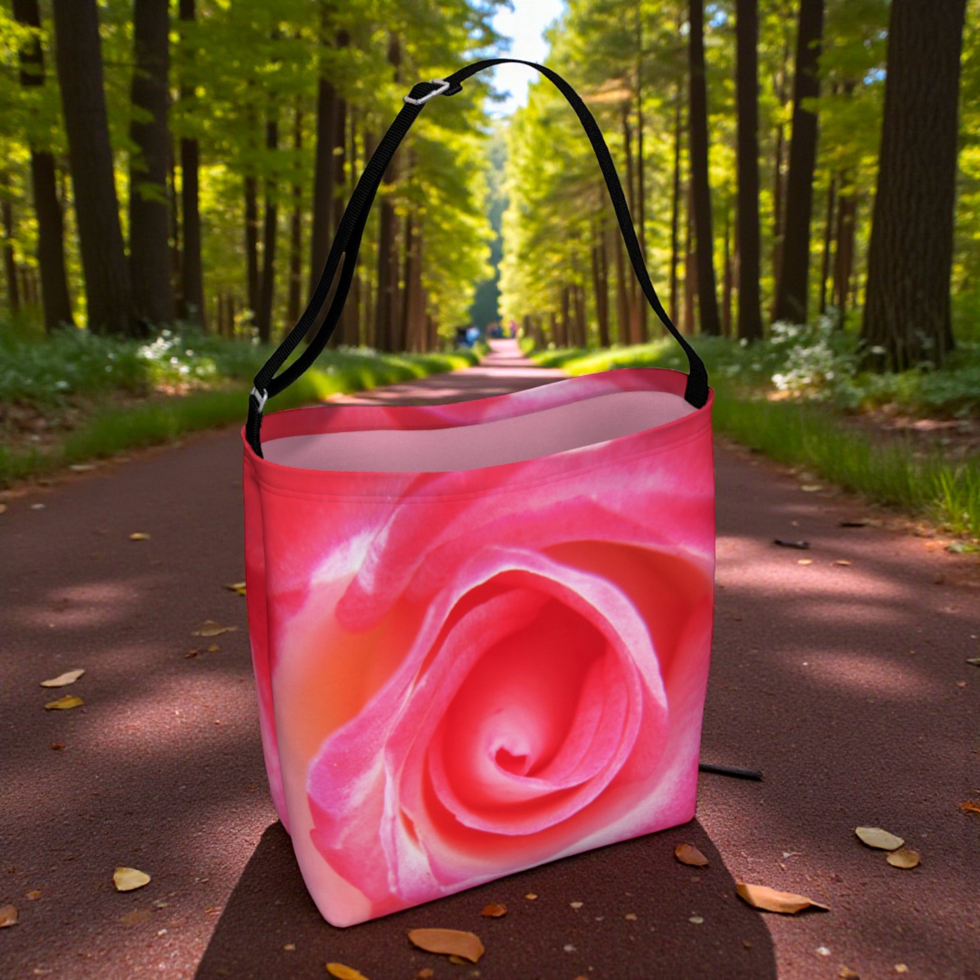 Pink rose-patterned bag on a forest path