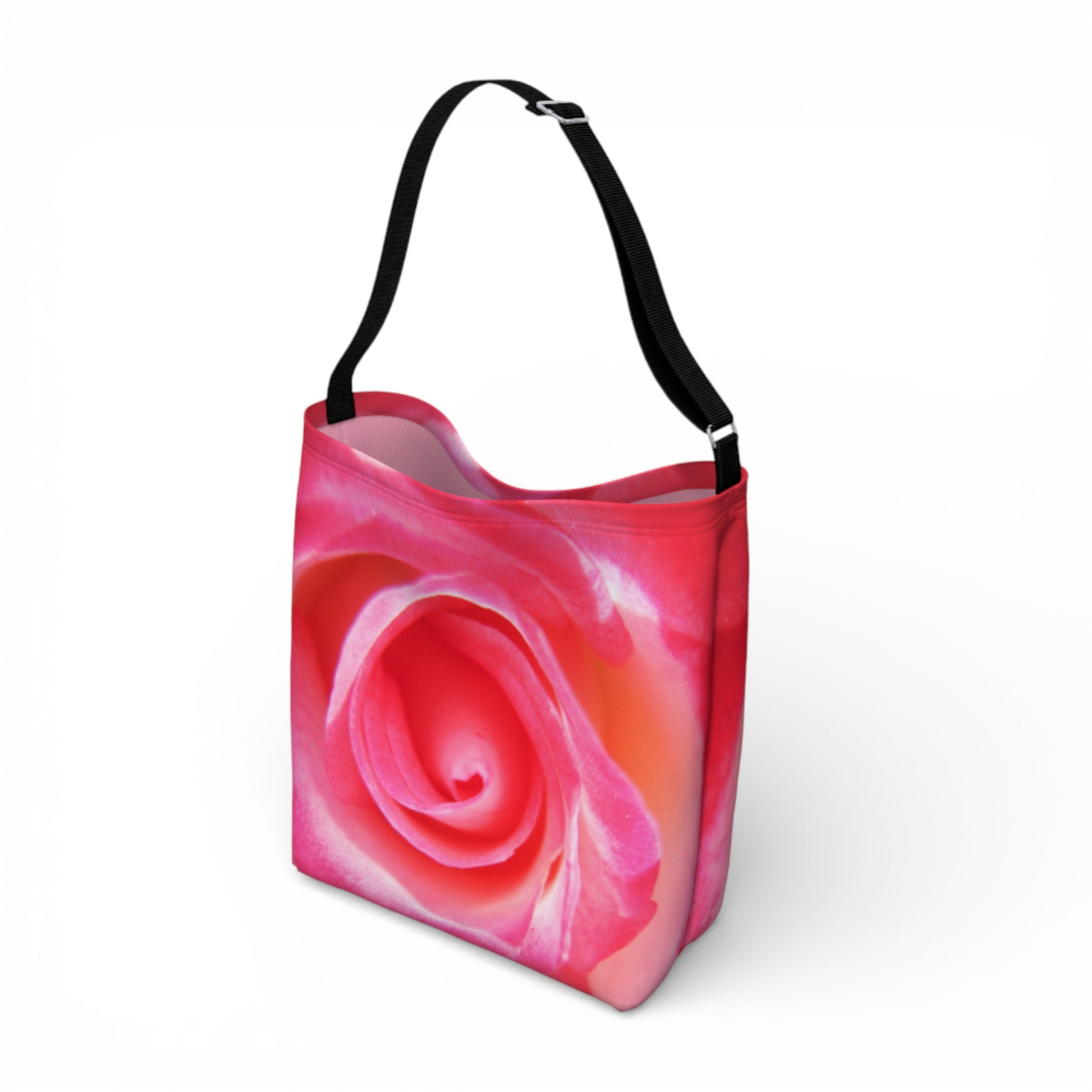 Handbag with a pink rose design on a white background