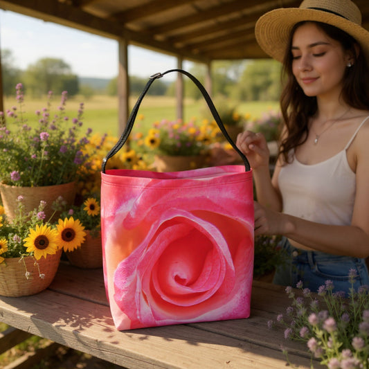 Woman holding a pink rose-patterned bag in a garden setting