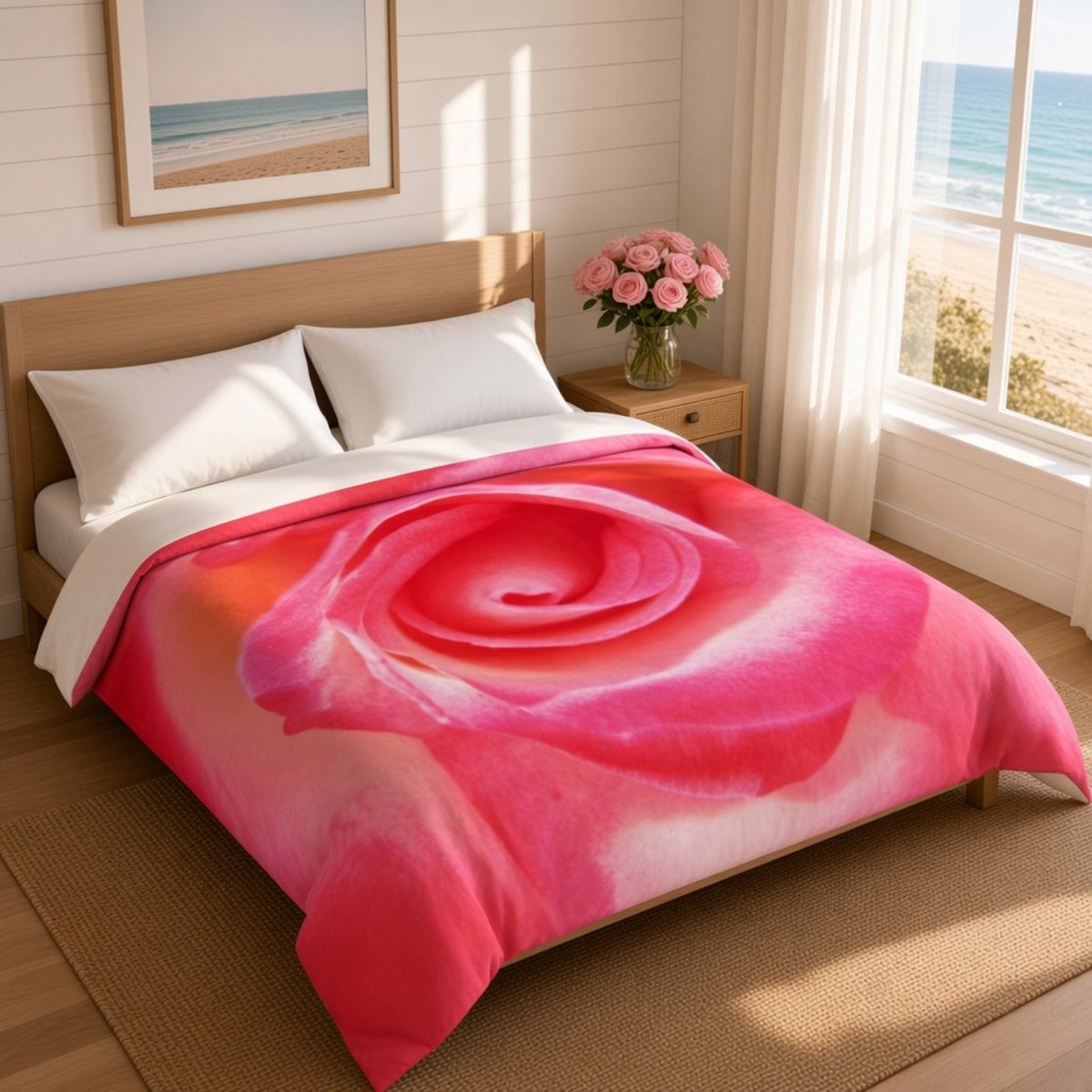 A bed dressed in a bright pink and red rose-print comforter or duvet, styled in a sunlit bedroom with white pillows, a wooden headboard, a bedside table with pink flowers, and a large window overlooking the ocean.