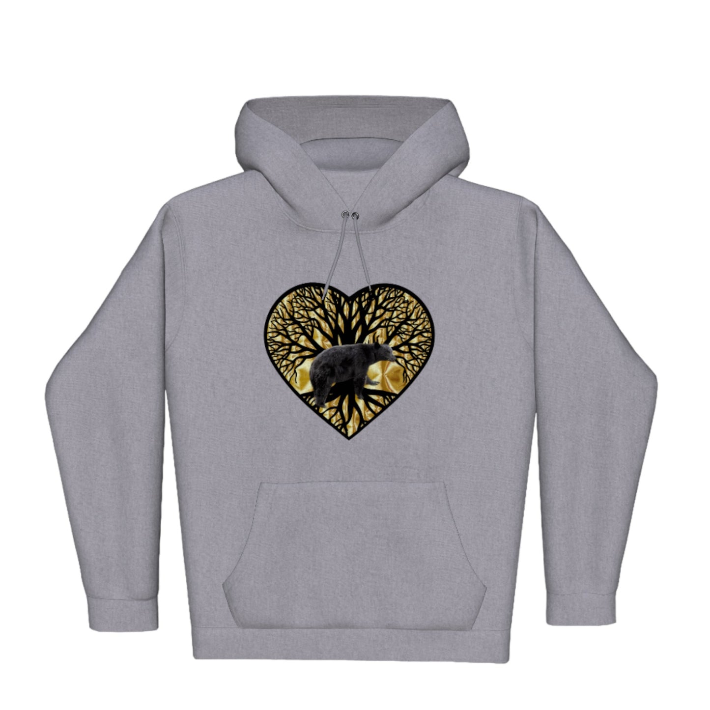 Bear Heart Premium Pullover Hoodie. the image is of a heart with a tree of life and a bear with a gold background.