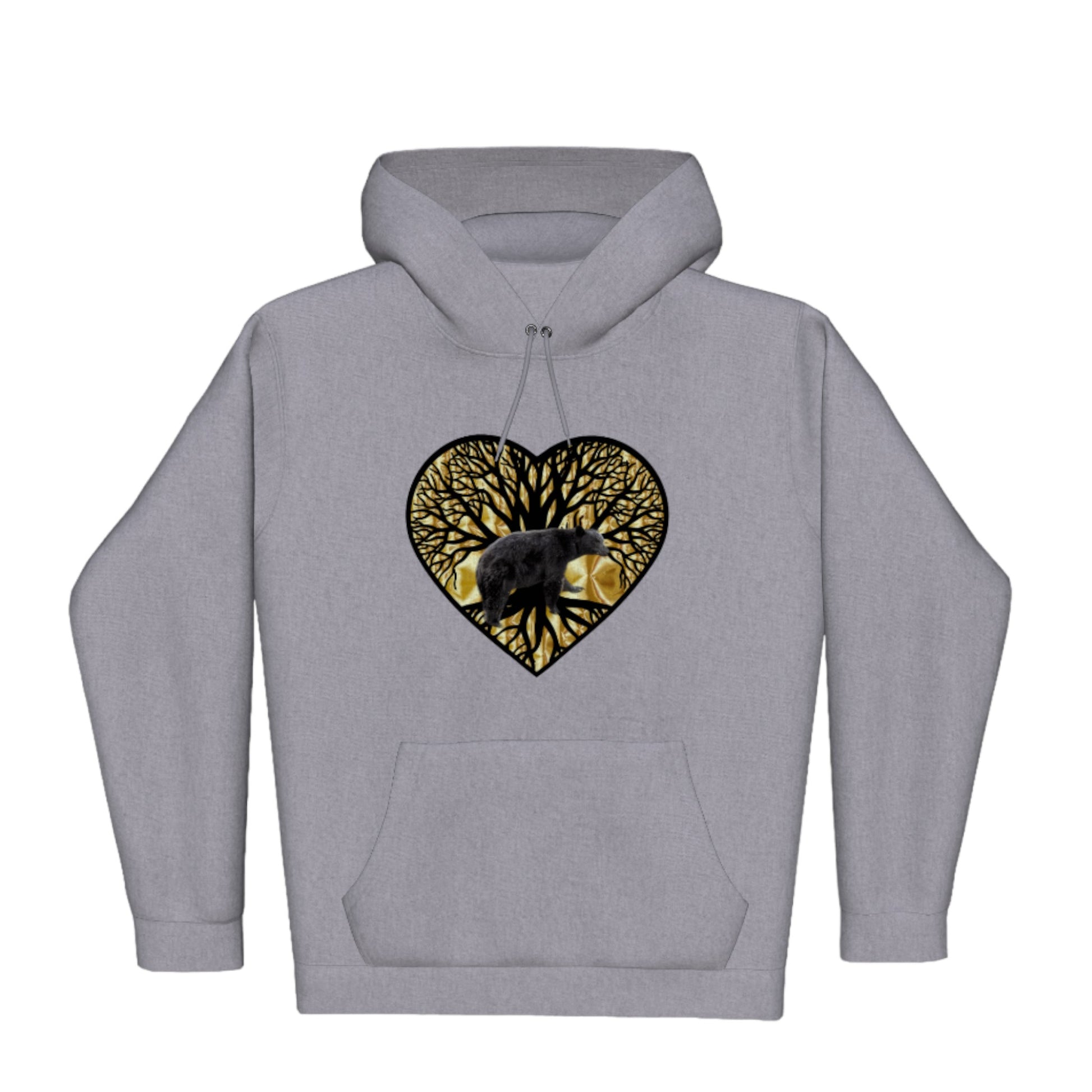 Bear Heart Premium Pullover Hoodie. the image is of a heart with a tree of life and a bear with a gold background.