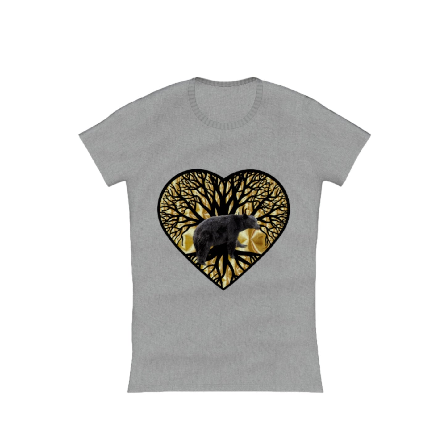 Bear Heart Comfort Slim Fit T-Shirt. The image on the front of the shirt is a heart with a tree of life and a bear and gold background. by van isle goddess dot com