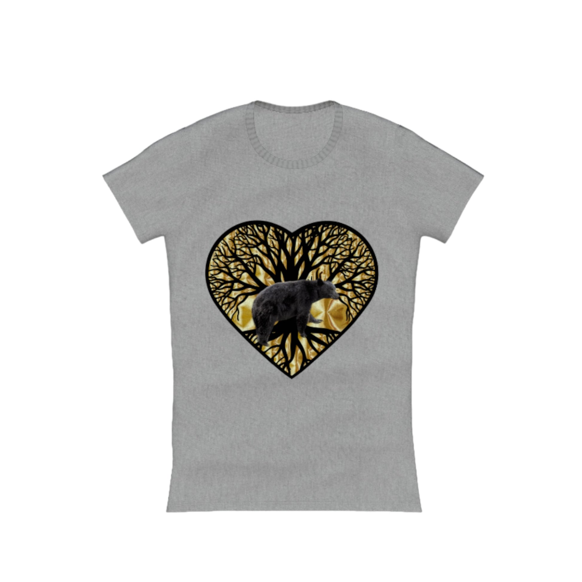 Bear Heart Comfort Slim Fit T-Shirt. The image on the front of the shirt is a heart with a tree of life and a bear and gold background. by van isle goddess dot com